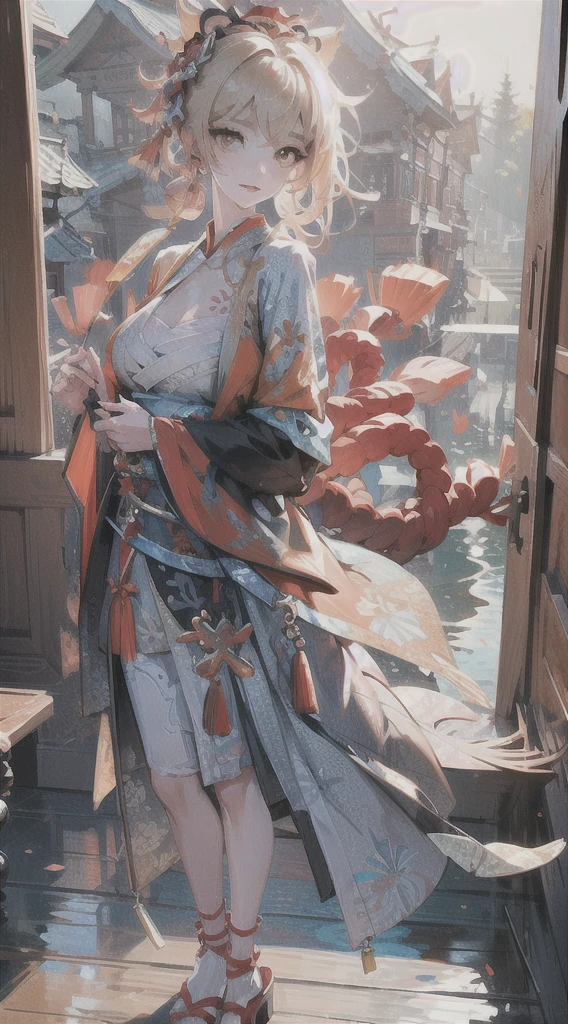 best quality，masterpiece，revelation，extremely delicate and beautiful，The content is very detailed，CG，unity，8k wallpaper，Astonishing，detailed，masterpiece，best quality，official art，Very detailed CG unity 8k wallpaper，absurd，Incredibly Ridiculous Resources，File size is huge，Super detailed，high resolution，The content is very detailed，Beautiful and delicate girl，非常detailed眼睛和脸部，beautiful and delicate eyes，There is light on the face，（Hanfu：1.1），1 girl，Full body female love，Full body female love，Taking pictures，，masterpiece，1 girl，alone，black hair color hair，white dress，，white thighs，lake，Water Moisture，blonde hair，big breast
