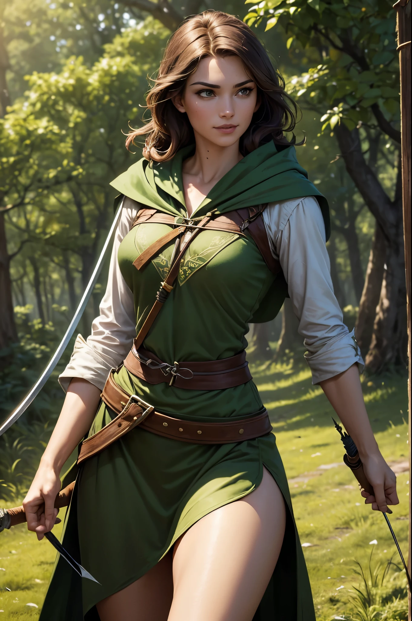 (Female ranger), beatiful girl, thin girl, thin waist, small breast, slender legs, gap between thighs, leather armor, leather gloves, green hood, short dress, (green dress), (no Panties), cowboy shot ,medieval fantasy, D&D, RPG, best quality, masterpiece, ultra-realistic, 8k, nsfw,