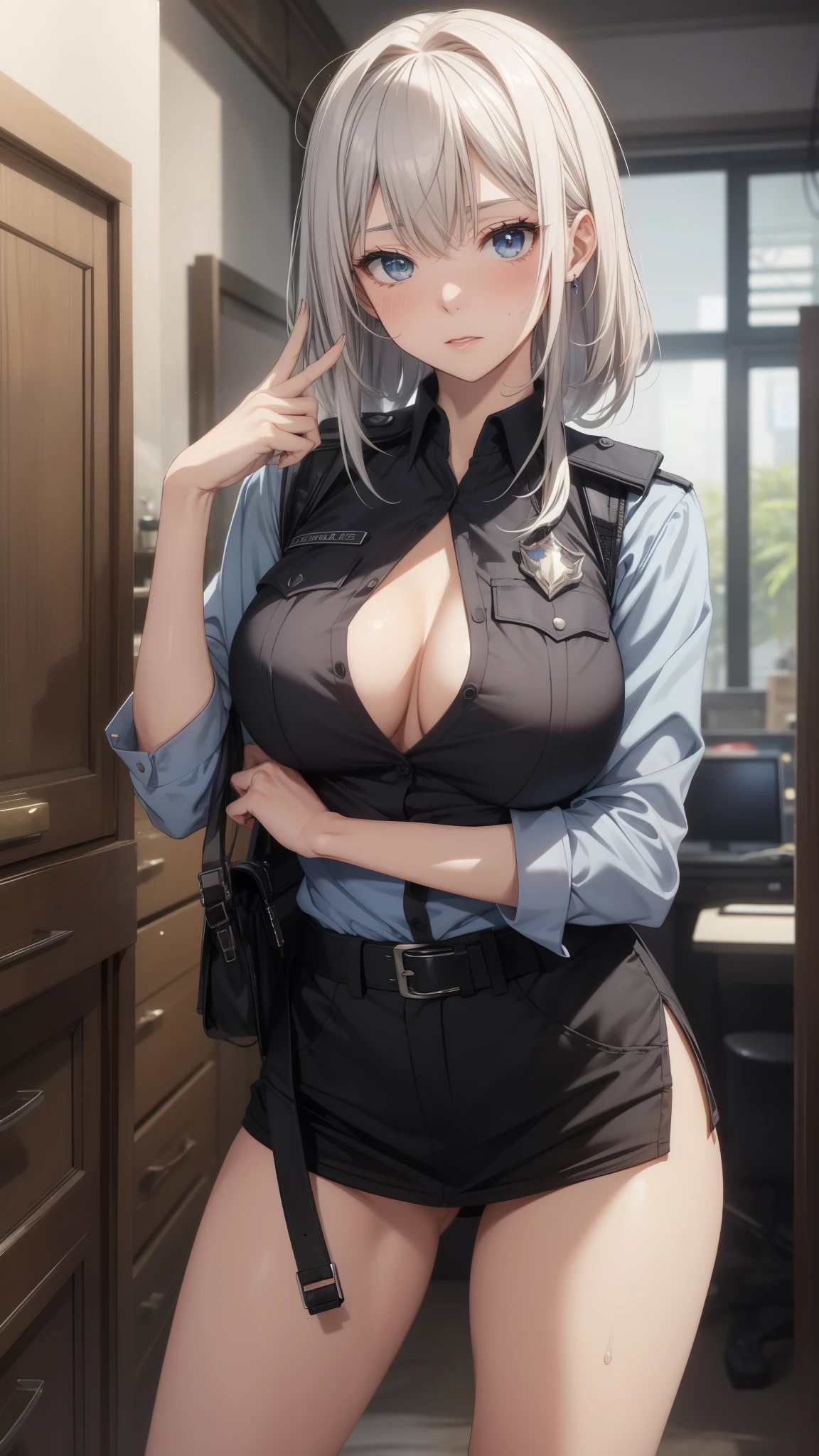 highest quality、All limbs、full finger、Slender beauty、straight hair、length、beautiful big breasts、female police officer、blue miniskirt police costume、bedroom at night、disgusting face、sweaty、Sheer clothing、