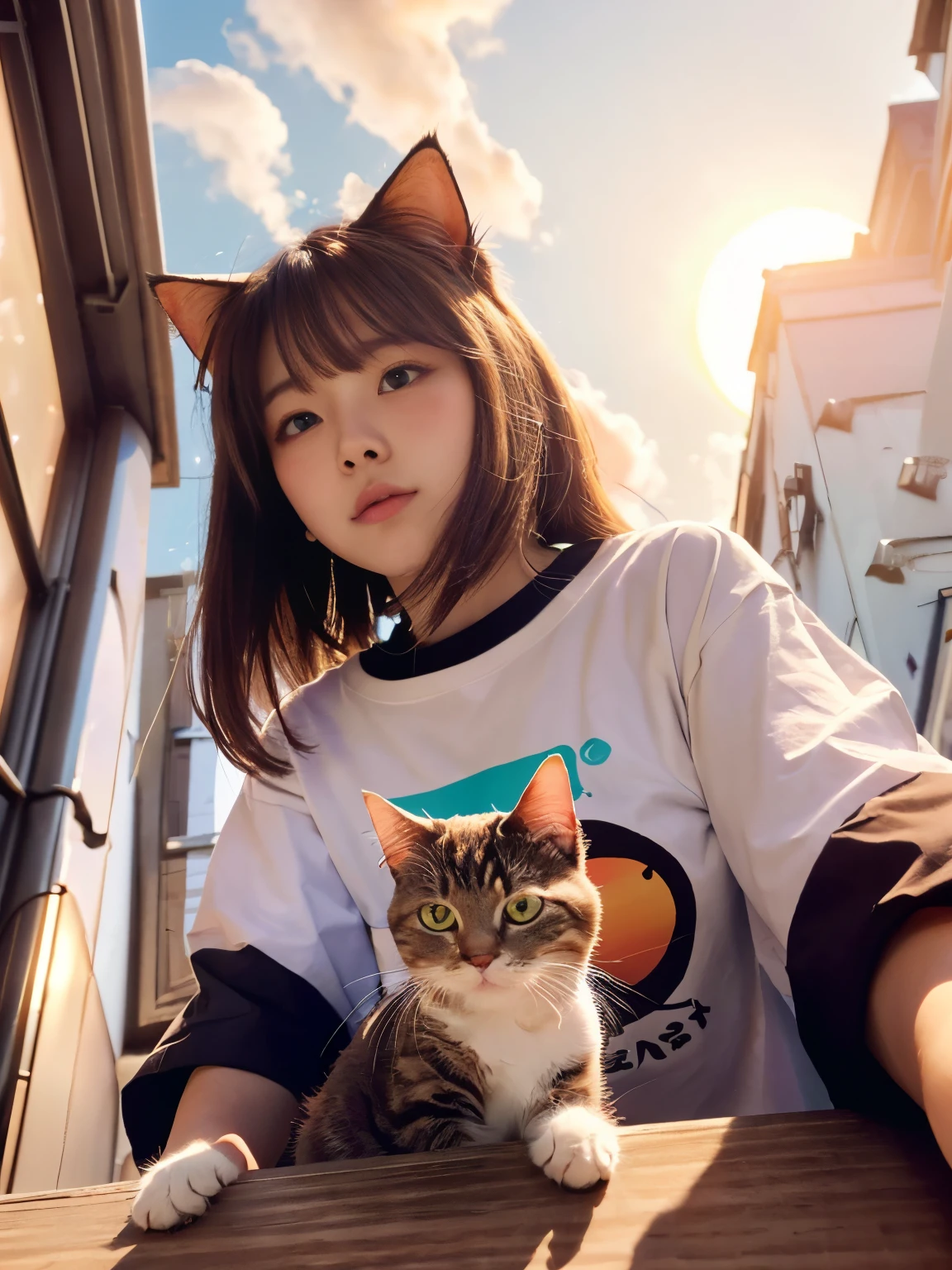 4K.HD. (Masterpiece, Best Quality, ) ,bokeh, a girl, Light brown beautiful hair, Light brown eyes, Plump breast, Blushed face, (cat ear:1.2), colourful t-shirt, (Japanese idle:1.6), holding a pretty cat, Looking at the viewer, (background is sunset wall street:1.4), (From below:1.6), cowboy shot