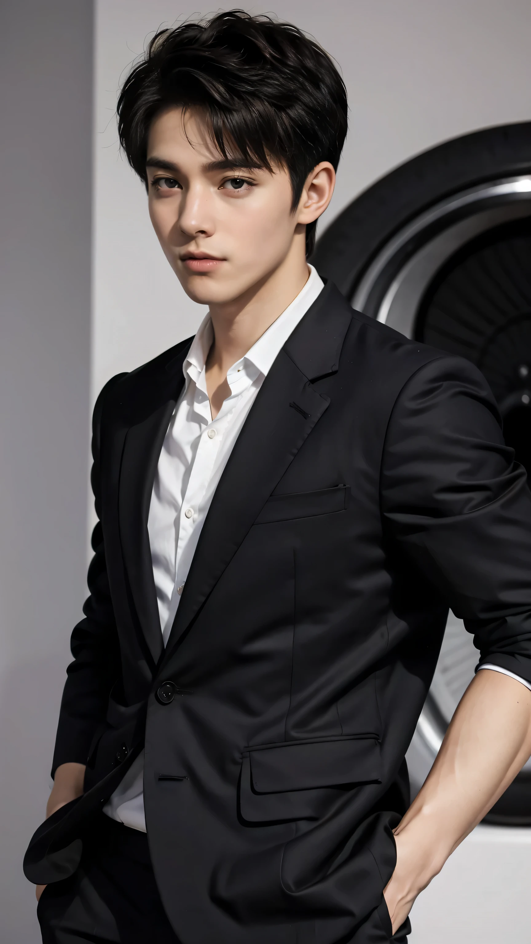 Attractive 27-year-old athlete with medium-long black hair and Hugo Boss business suit、good looking