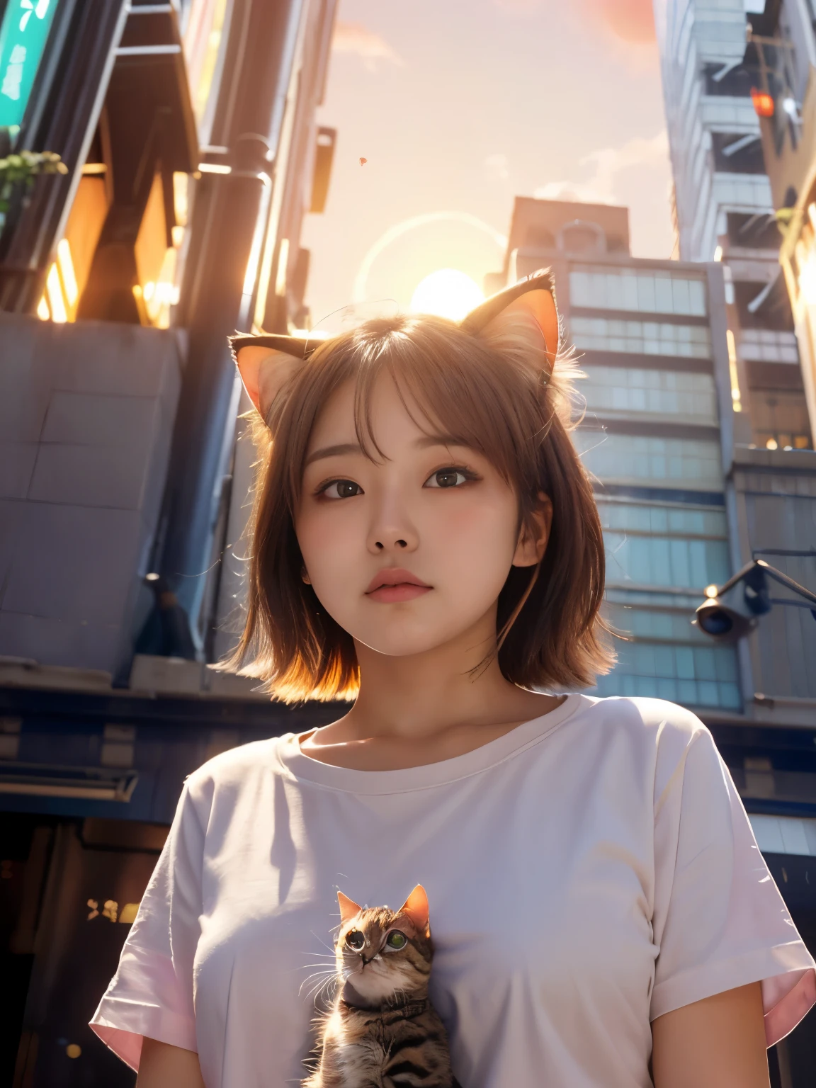4K.HD. (Masterpiece, Best Quality, ) ,bokeh, a girl, Light brown beautiful hair, Light brown eyes, Plump breast, Blushed face, (cat ear:1.2), colourful t-shirt,  (Japanese idle:1.6), holding a pretty cat,   Looking at the viewer, (background is sunset wall street:1.4), (From below:1.6), cowboy shot