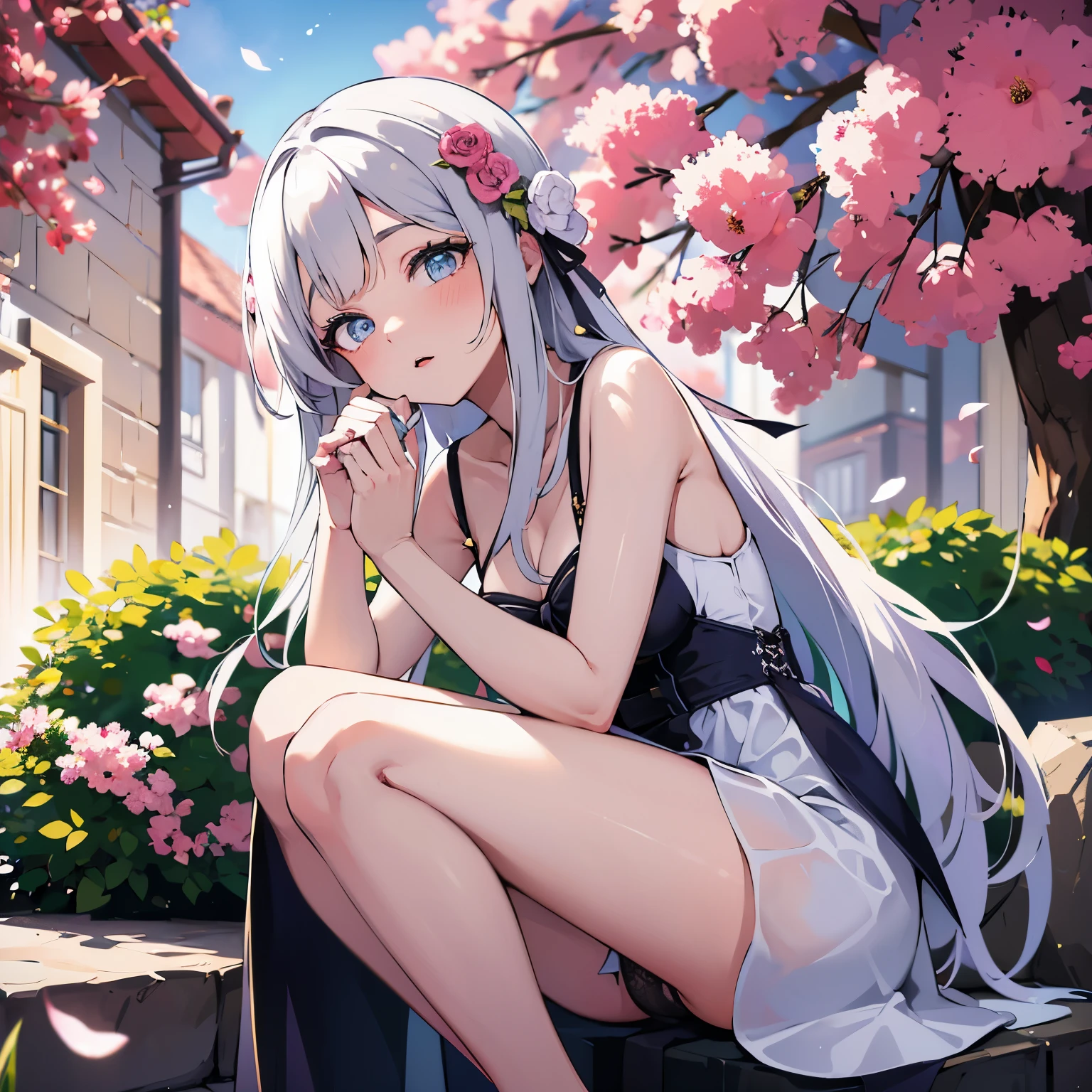 A girl with silver hair, (best quality, ultra-detailed), in a garden, surrounded by blooming flowers, (vibrant colors). Her eyes are (beautiful and detailed), shimmering like stars, and her lips are (beautiful and detailed), with a delicate touch of pink. She has an elegant and graceful appearance, wearing a flowing dress made of silk. The garden is filled with various shades of green, and the sunlight (softly illuminates) the scene, creating a warm and peaceful atmosphere. The silver hair adds a touch of uniqueness to the girl's overall look, as it shimmers in the sunlight. This artwork captures the beauty and serenity of the girl with silver hair in a dreamy and ethereal style, evoking a sense of enchantment and wonder.