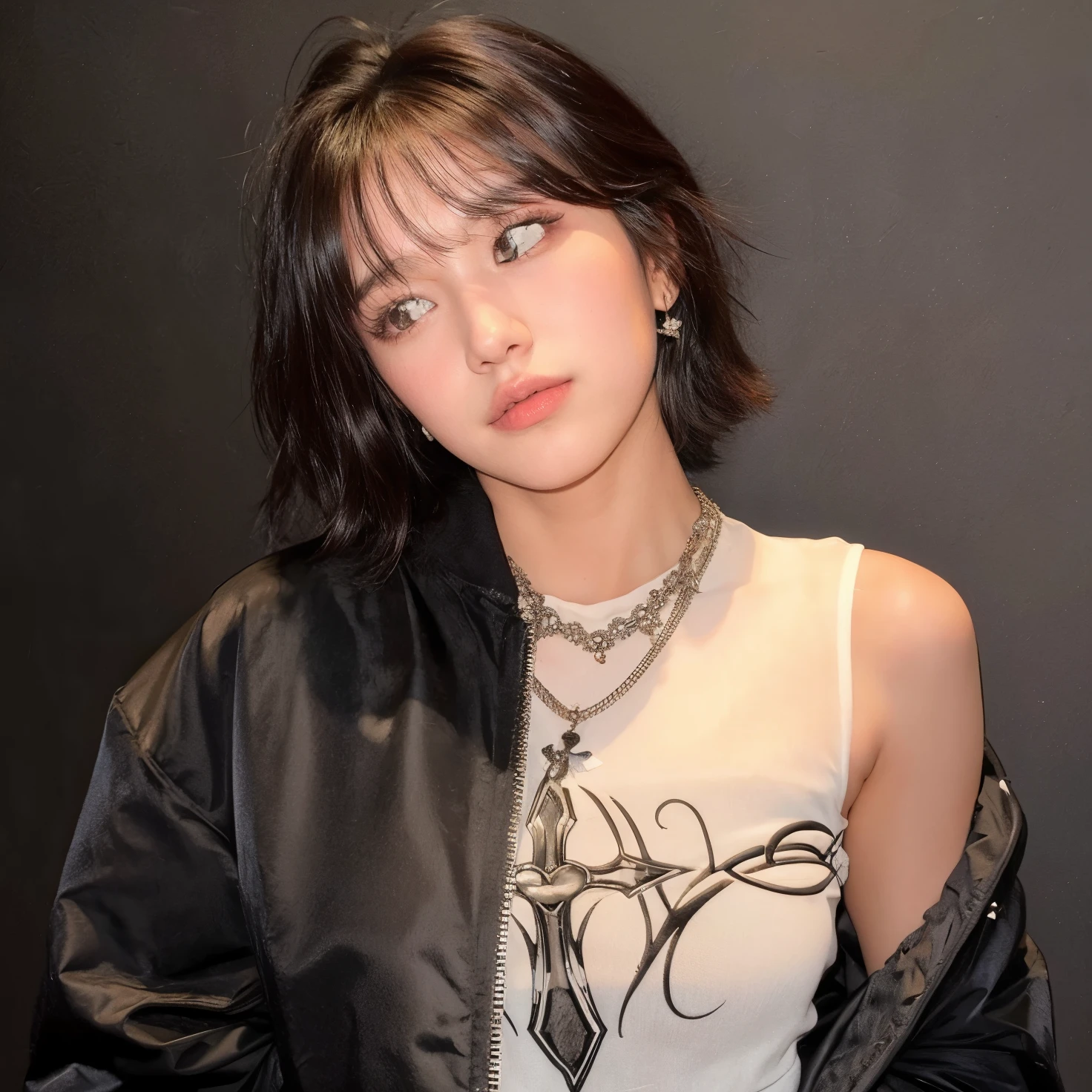 araffe woman in a black jacket and white shirt posing for a picture, she has black hair with bangs, with bangs, curtain bangs, portrait of jossi of blackpink, with short hair with bangs, with full bangs, jinyoung shin, bae suzy, with short hair, heonhwa choe, sun yunjoo, jossi of blackpink, jisoo from blackpink