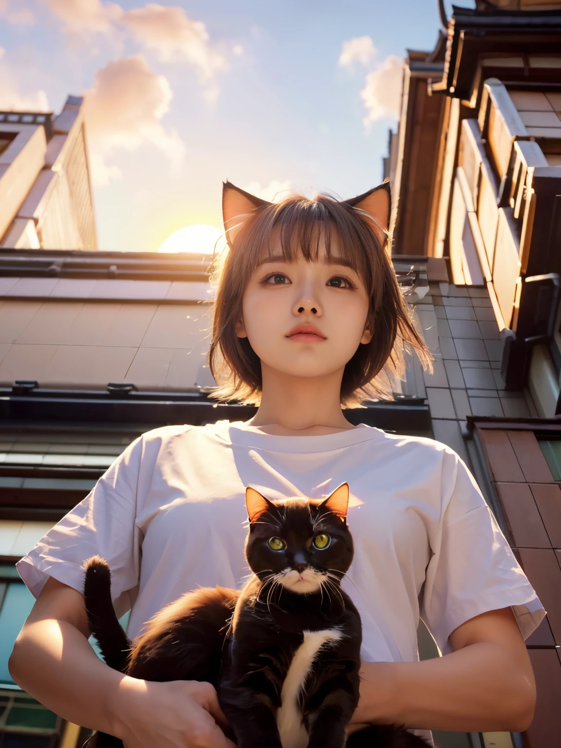 4K.HD. (Masterpiece, Best Quality, ) ,bokeh, a girl, Light brown beautiful hair, Light brown eyes, Plump breast, Blushed face, (cat ear:1.2), colourful t-shirt,  (Japanese idle:1.6), holding a pretty cat,   Looking at the viewer, (background is sunset wall street:1.4), (From below:1.6), cowboy shot