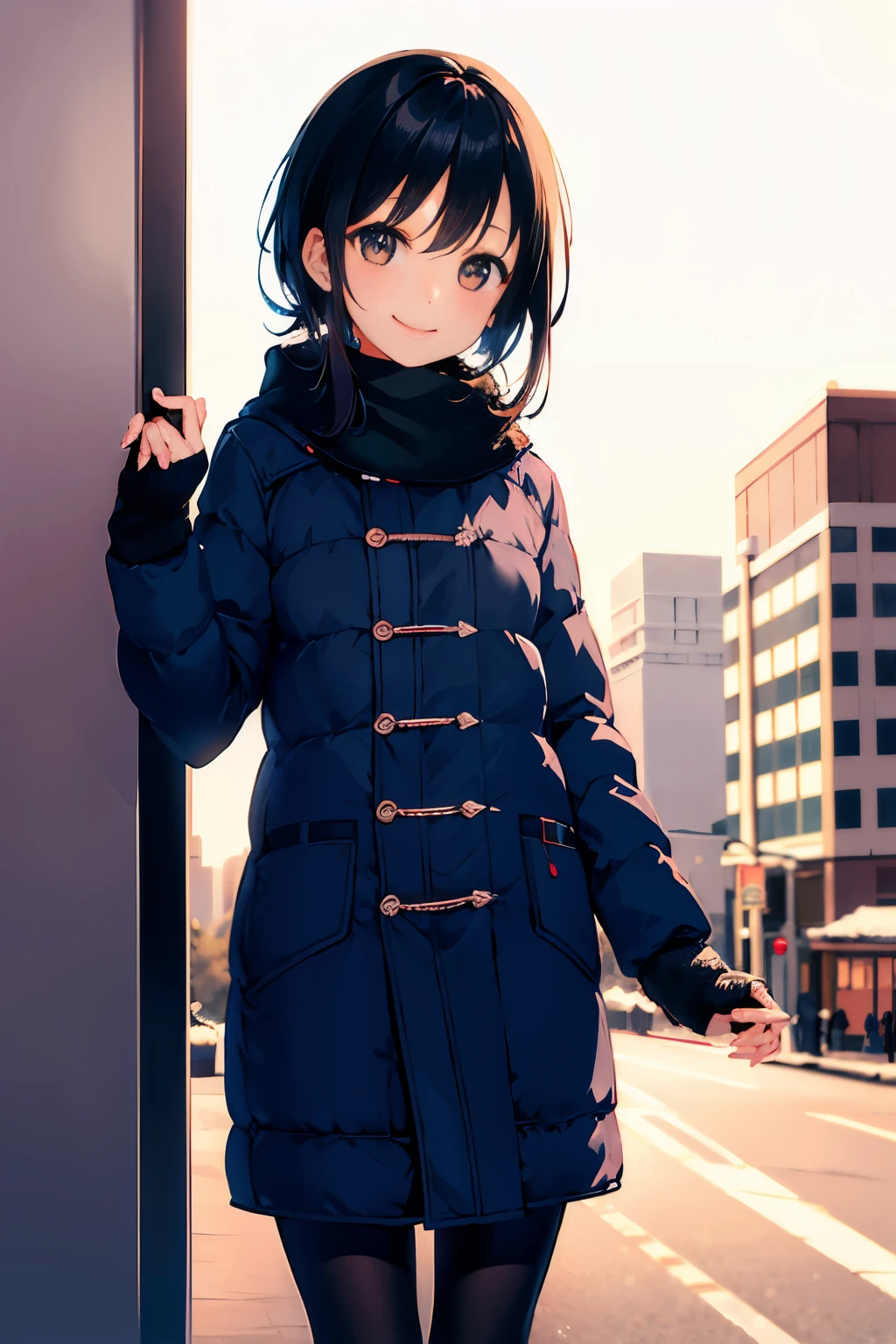 (morning), 1 girl, alone, looking at the viewer, winter, cowboy shot, (downtown), cowboy shot, smile, black hair