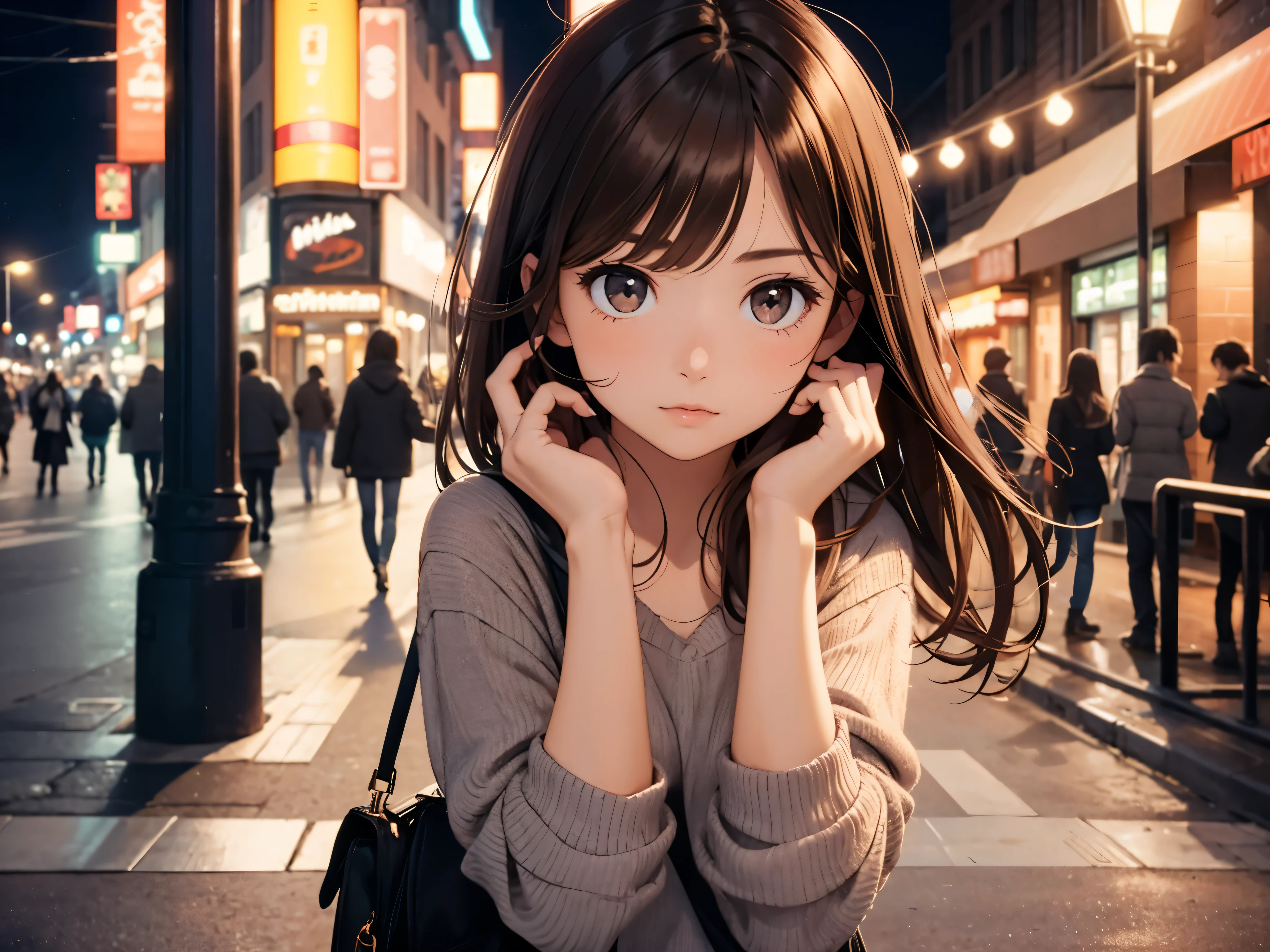  cute girl, brunette, delicate and beautiful face, dreamy brown eyes, city street, night 