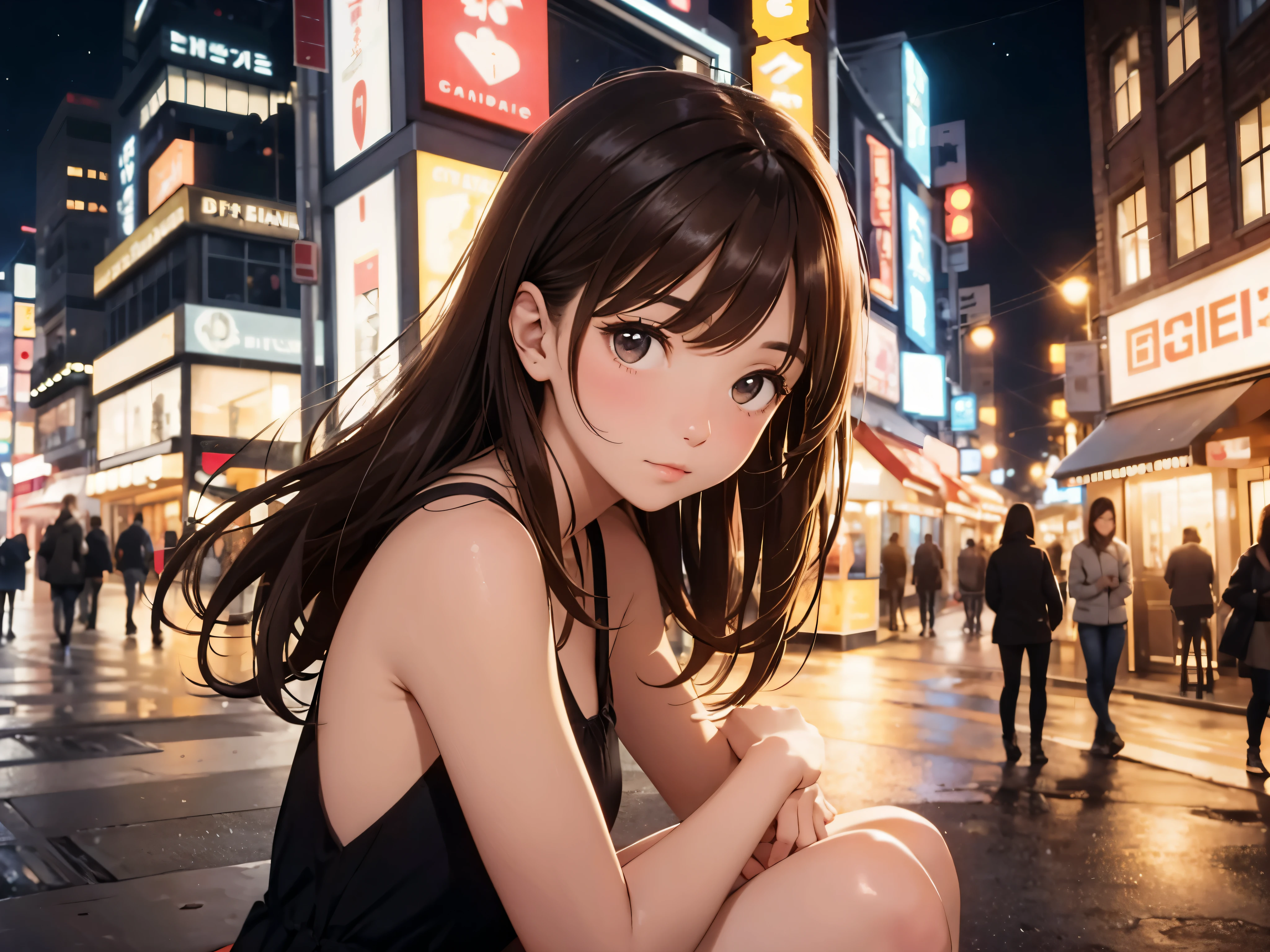  cute girl, brunette, delicate and beautiful face, dreamy brown eyes, city street, night 