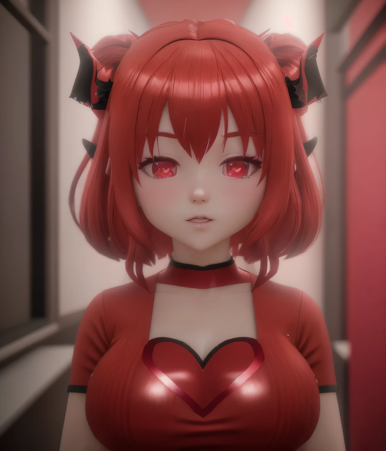 anime girl with red hair and horns and a heart-shaped shirt, estilo anime 3d, render of a cute  anime 3d,  anime 3d, demon anime girl, succubus in tight short dress, cabelo twintail rosa e olhos ciano, demon girl, estilo anime 3 d realista, Modelo Youtuber Virtual Live2D, vrchat