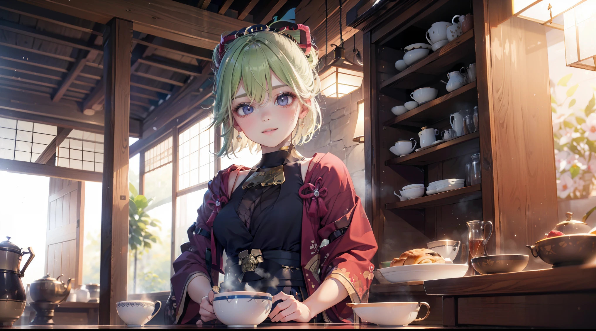 (best quality,8k,highres,masterpiece:1.2),(realistic,photorealistic,photo-realistic:1.37), ชุดเมดแบบคลาสสิค, traditional Japanese bakery,beautiful detailed eyes,happiness,glowing eyes,smiling,peaceful atmosphere,traditional Japanese clothes,working(คุณภาพดีที่สุด,เต็มรูปแบบ,โฆษณา:1.2),แสงสว่างและอบอุ่น,หวานง่มงวง,ความสุขบริบูรณ์,รอยยิ้มสดใส,sakura tree,tranquil,aroma scent,dreamlike,vivid colors,subtle lighting,traditional Japanese tea set,lively ambiance
