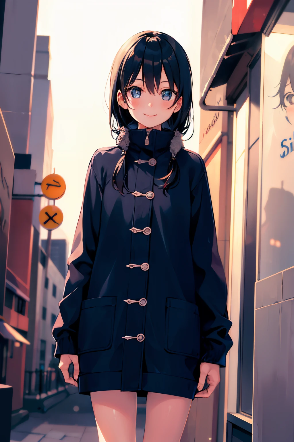 (morning), 1 girl, alone, looking at the viewer, winter, cowboy shot, (downtown), cowboy shot, smile, black hair