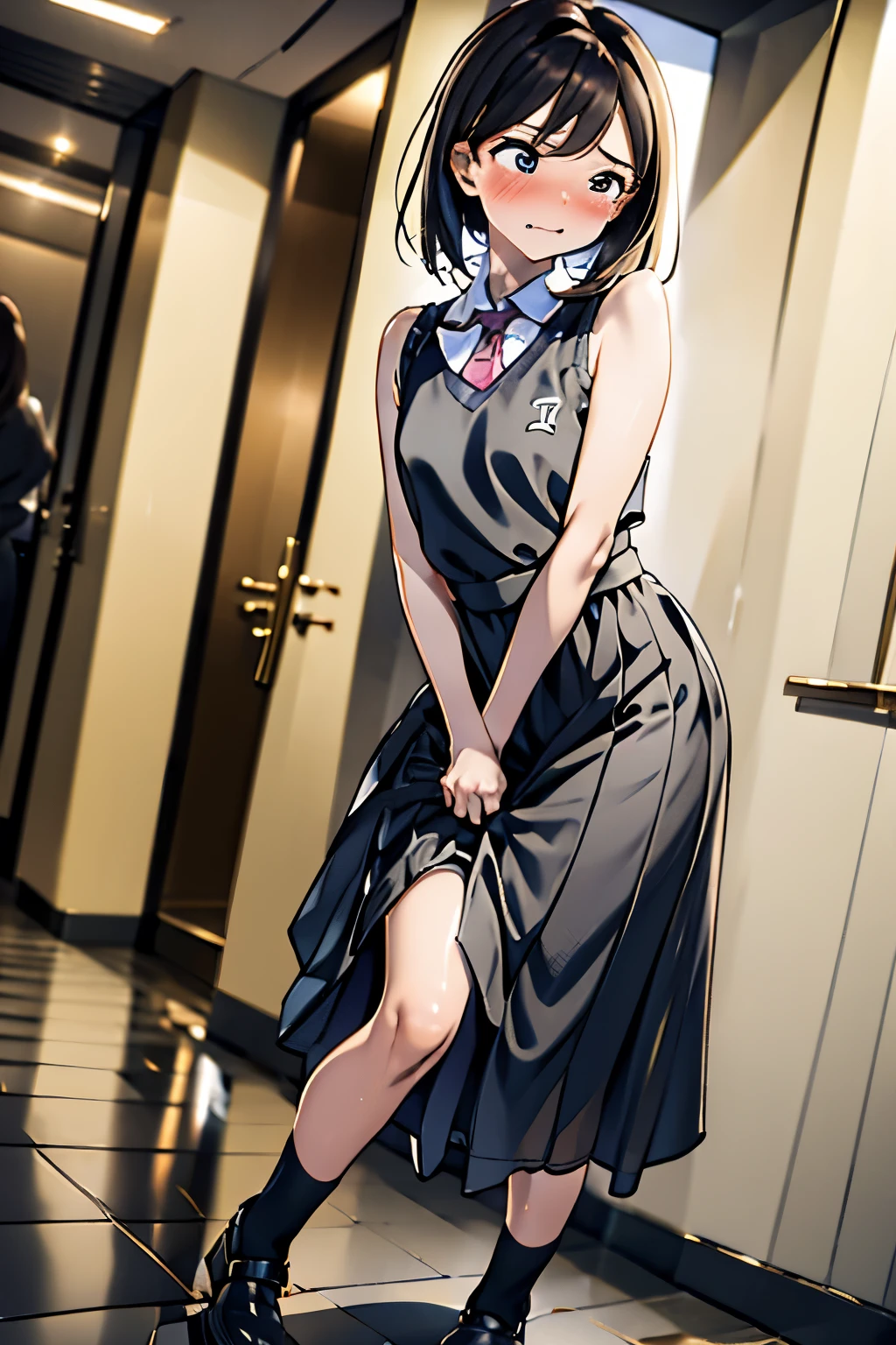 (1  girl, have to pee, peeing herself, peeing, peeing self, crying, very desperate to pee), (have to pee, have to pee, peeing, peeing self, peeing, peeing self:1.1), (bathroom, waiting in line, midi dress, long skirt, socks, have to pee, covering crotch strongly, knees together and feet apart:1.5), (hand between legs, leaning forward:1.2), (shaded face, despairing, anxiety, breathlessly, full face blush, embarrassed, looking away:1.5), (girl can't stand up straight:1.5), (full body:1.5), (jump a little), from below