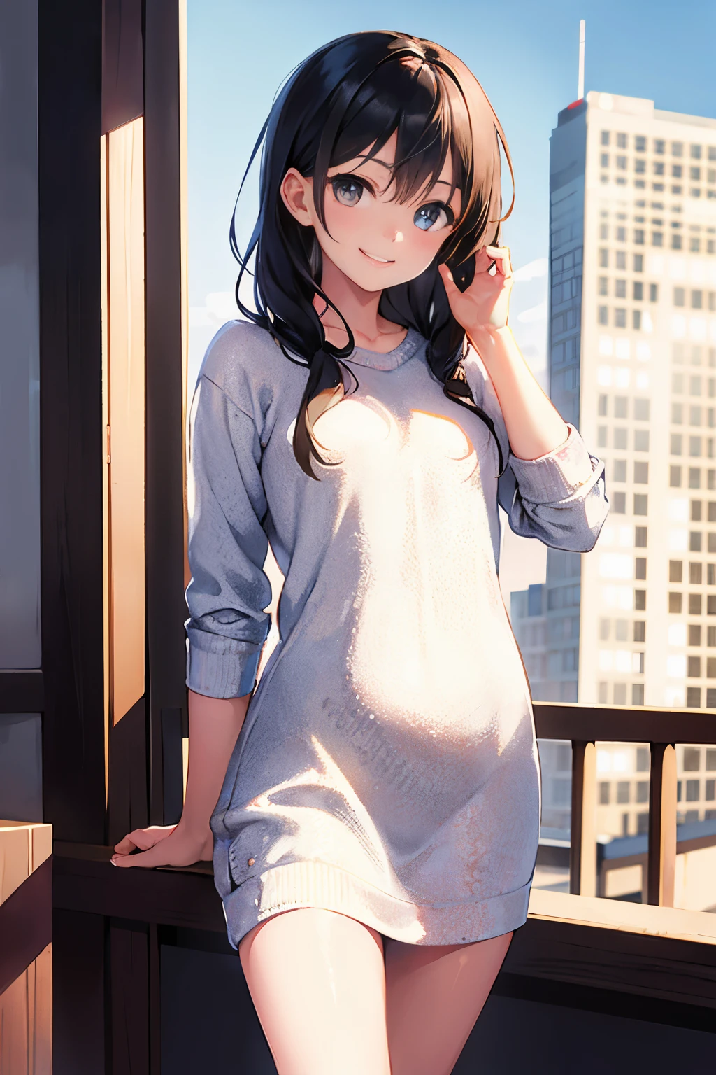 (morning), 1 girl, alone, looking at the viewer, winter, cowboy shot, (downtown), cowboy shot, smile, black hair