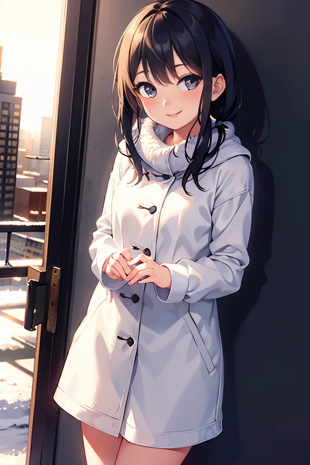 (A superb exquisite Chitanda Eru), (mature face), purple eyes, long black hair, natural straight hair, straight bangs, solo, [Small_breasts: large_breasts: 0.5], normal breasts, (((longcoat, muffler, winter temple, tokyo))), extremely delicate, peerless beautiful girl, dreamy quality, exaggerated facial features, solid color, delicate face, bright lips, slender waist, straight curves, soft lights and shadows, super fine, 8K HD, (masterpiece:1.4), (finely detailed beautiful eyes: 1.2)