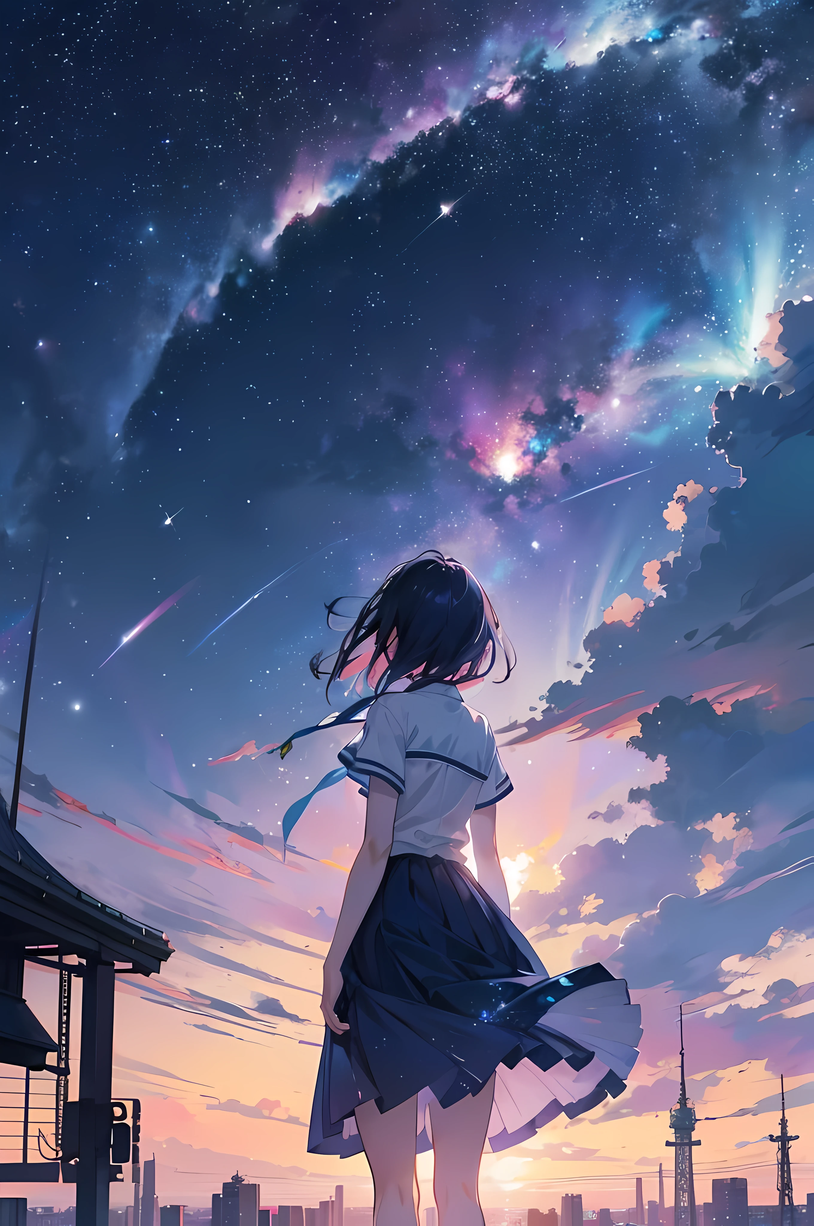 Makoto Shinkai, anime, detailed, breathtaking, Vast starry sky, nebulae, galaxies, ethereal light, bioluminescent creatures, elancholic, nostalgic, hopeful, awe-inspiring, dreamlike, Soft gradients, blues, purples, pinks, whites, with occasional vibrant accents, Dynamic, layered, sense of depth, rule of thirds, Silhouettes of characters, trains, flying machines, cityscapes, nature