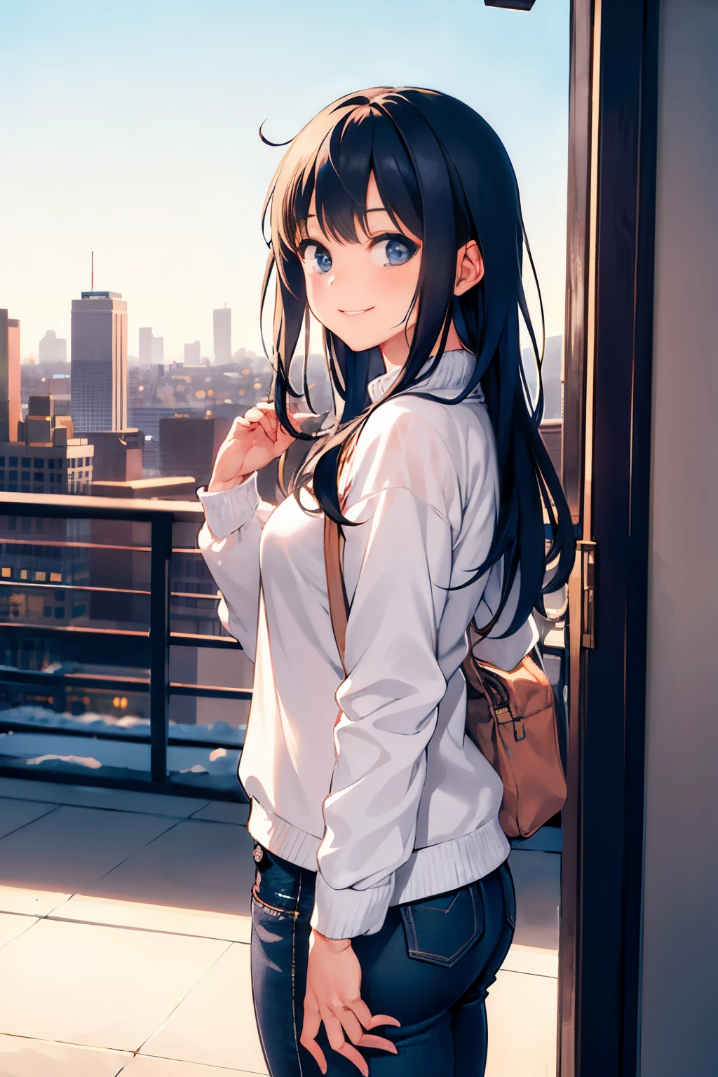 (morning), 1 girl, alone, looking at the viewer, winter, cowboy shot, (downtown), cowboy shot, smile, black hair