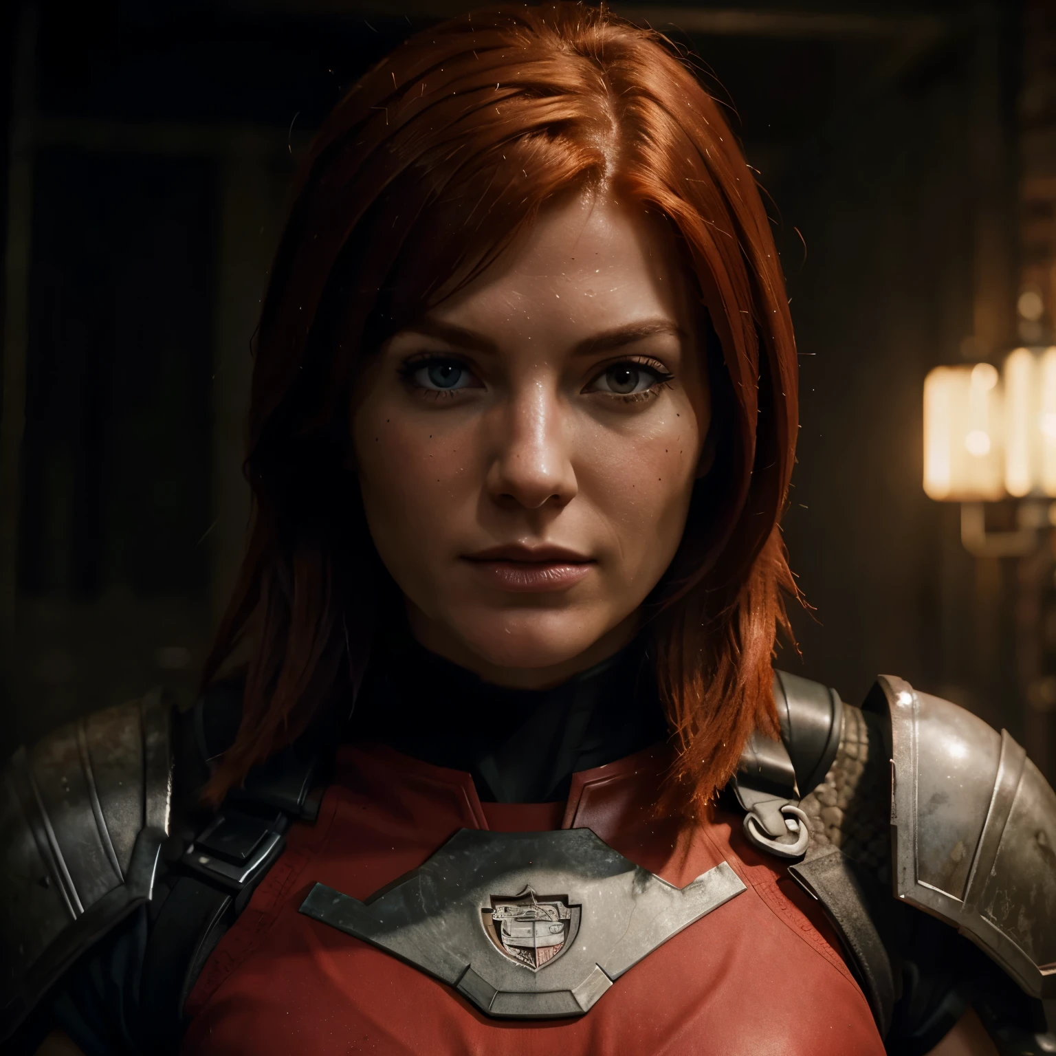 Red head femshep closeup, portrait, armor, lighting, battlefield background, bloody, muscles