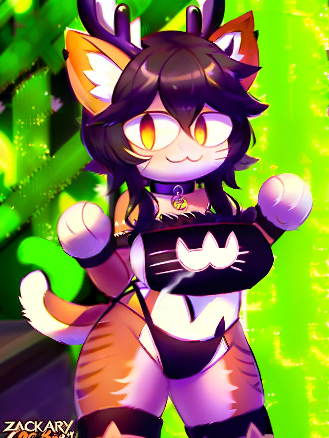 by zackary911, (coffeesoda:1.1), hioshiru, zackary911, neco-arc, antlers, deer, anthro, futanari, solo, fur, 2022, lidded eyes, wearing edgcatlingerie, cat cutout, cleavage cutout, no underwear, bra, bottomless, large breasts, areola, black skin, black gloves, thigh high socks, collar, tail bow, large red knot, gigantic balls, huge genitals, watery genitals, hugeredcocm, largedick, presenting, whitecum spewing from hugeredcock,