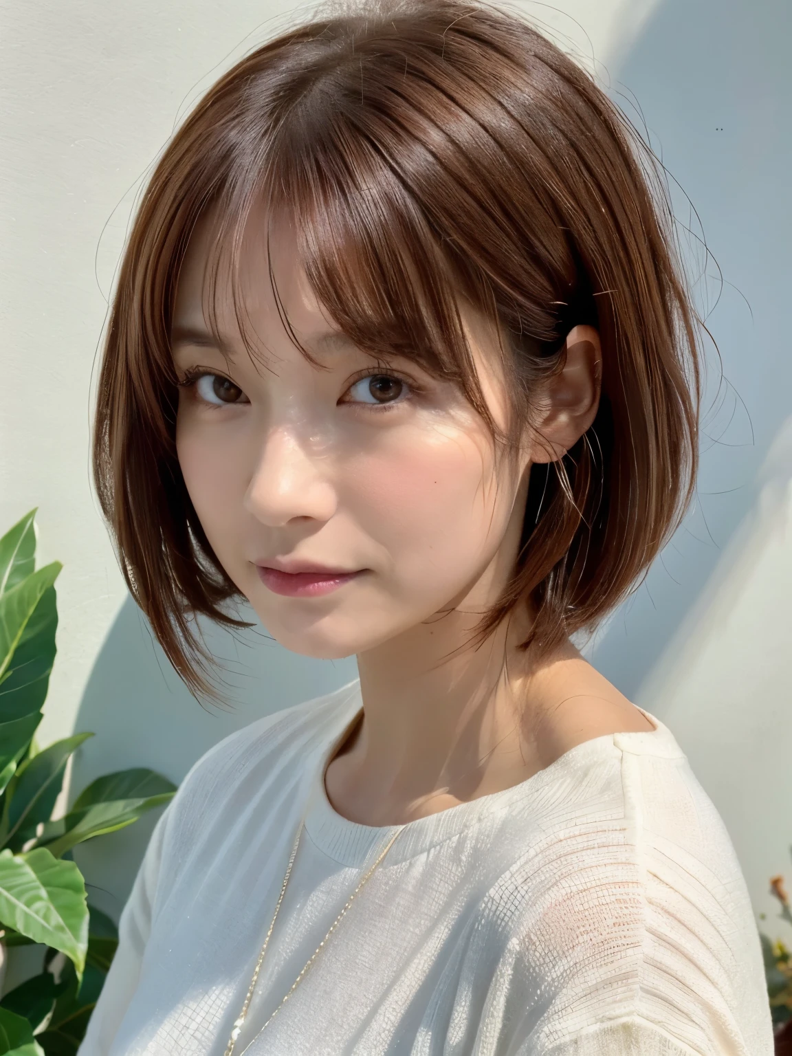 (Highly realistic photos, High resolution, detailed face, fine eyes), ((Taken in front of a white wall))、japanese woman, 40 years old, various expressions, alone:1, slim figure, different hairstyles, casual clothes, Only one person appears in the photo、long sleeve dress、Photographed in natural light、simple necklace、spring clothes、don&#39;t look at the camera、profile、Red-brown hair color、Red-brown hair color、bob hair