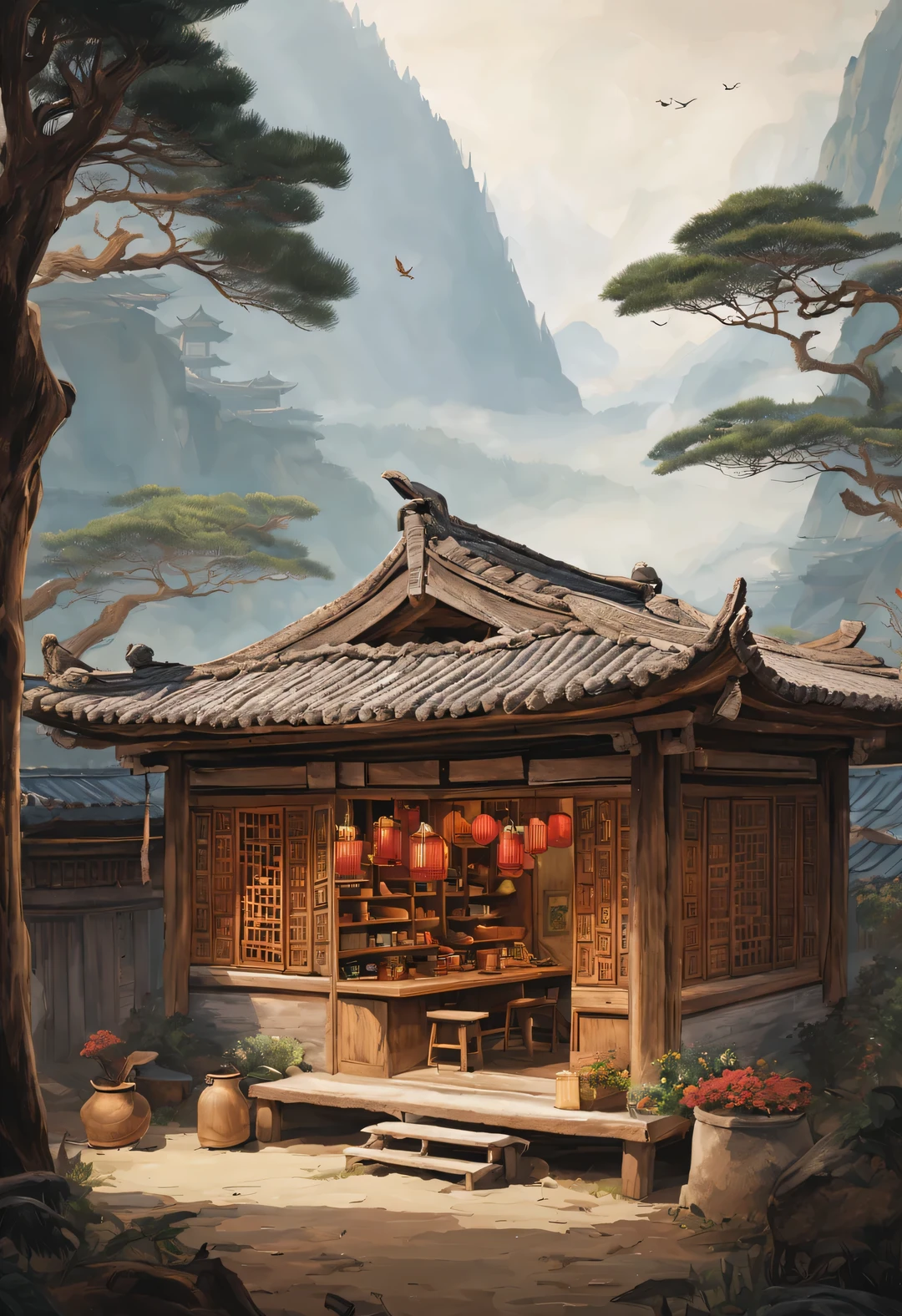 （A small shop in a wooden house in a small courtyard in rural China），The cafeteria is an old wooden house，There are three words written on the door of the house &Quote;commissary&Quote; It says.，There is an old-fashioned Chinese chair outside the house，An old Chinese woman Wang Yumei sits on a chair，smiling，There are wooden shelves in the house，It’s stuffed with all kinds of snacks，The main materials of the wooden house are Yunnan pine and bamboo，Beautiful pine wood texture，Lightweight texture，Make the cabin more than just practical，And it has high ornamental value，Timber frame construction，The roof adopts a pitched roof design，Adapt to Yunnan’s rainy climate，The background is the mountains of Yunnan，shrouded in mist，aerial photography，illustration，fresh，peaceful，Chinese New Year festive atmosphere