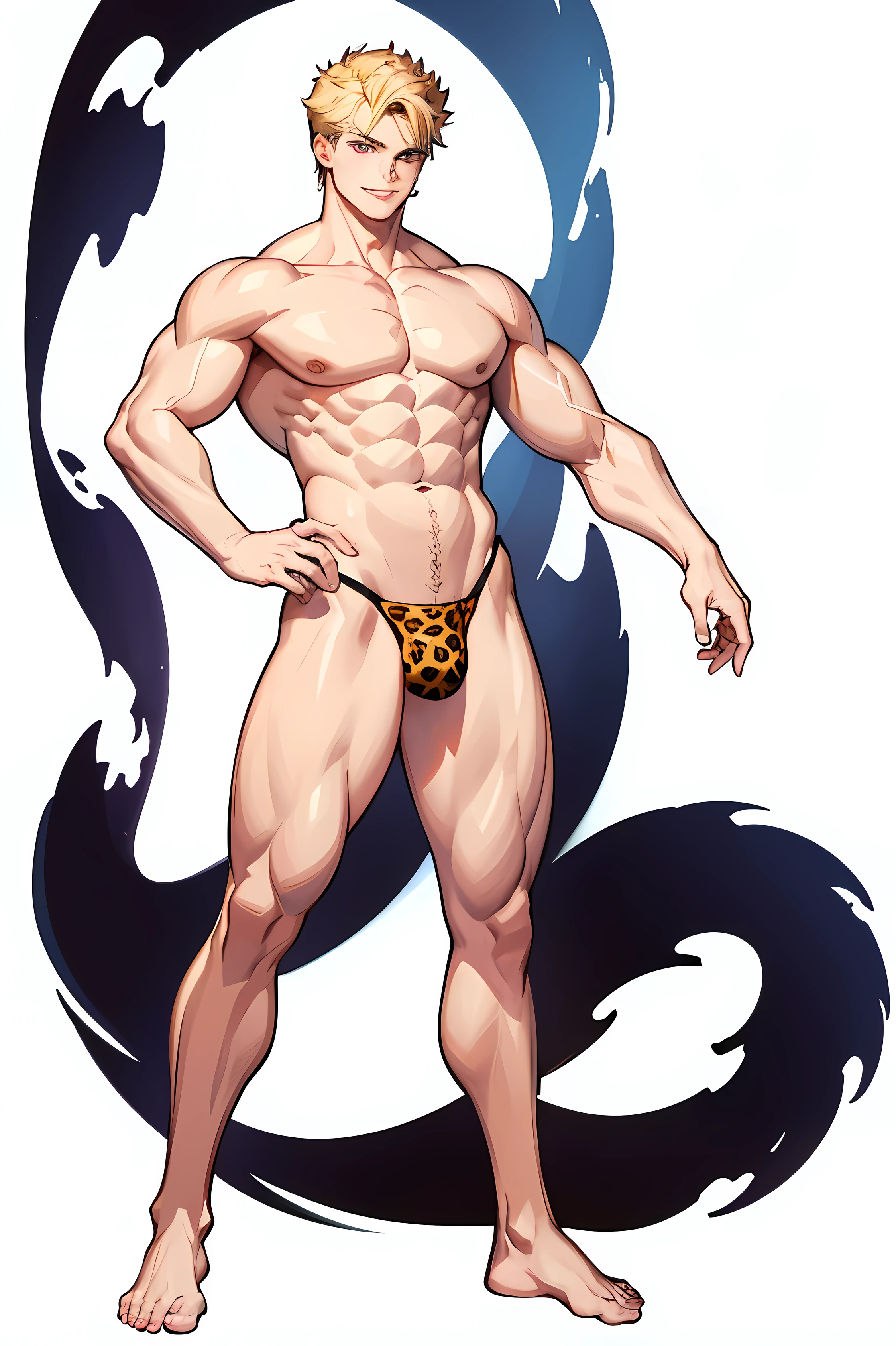 (no background、white background:1.4)、(Standing picture)、10th generation male、1 person、 muscular、big pectoral muscles、he has short blonde hair、 strong jaw line、leopard print bikini, Vulgarity is a bad smile、((whole body、stand))、barefoot、