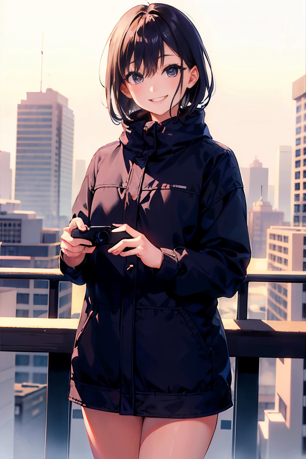 (morning), 1 girl, alone, looking at the viewer, winter, cowboy shot, (downtown), cowboy shot, smile, black hair