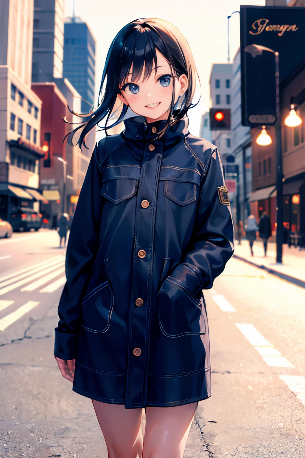 (morning), 1 girl, alone, looking at the viewer, winter, cowboy shot, (downtown), cowboy shot, smile, black hair