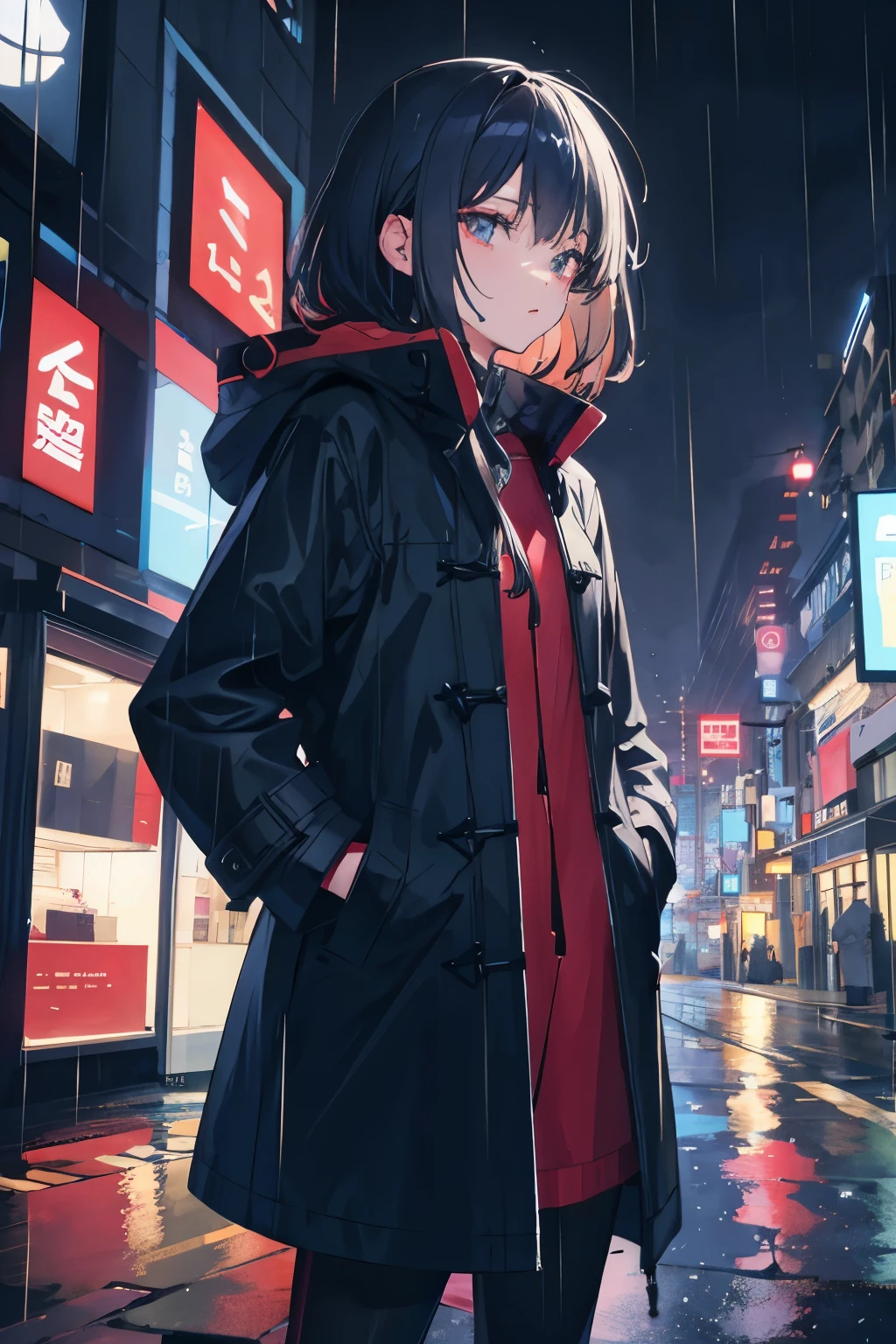 1girl,night city,rain,coat,hands in pockets