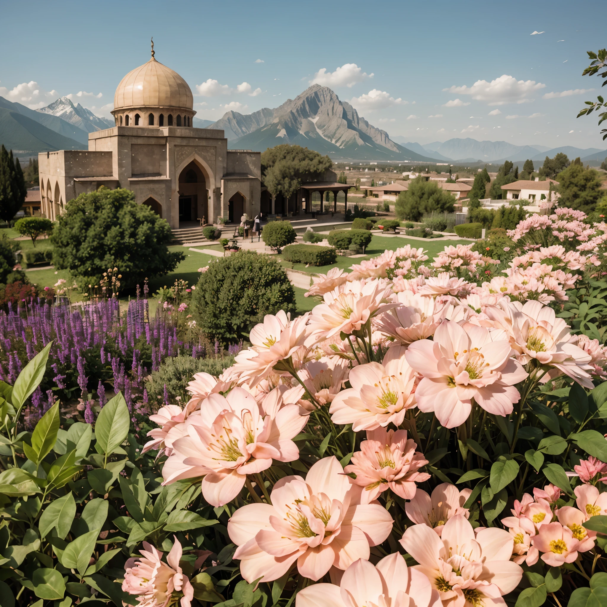 old mosque, mountains, surrounded by plants