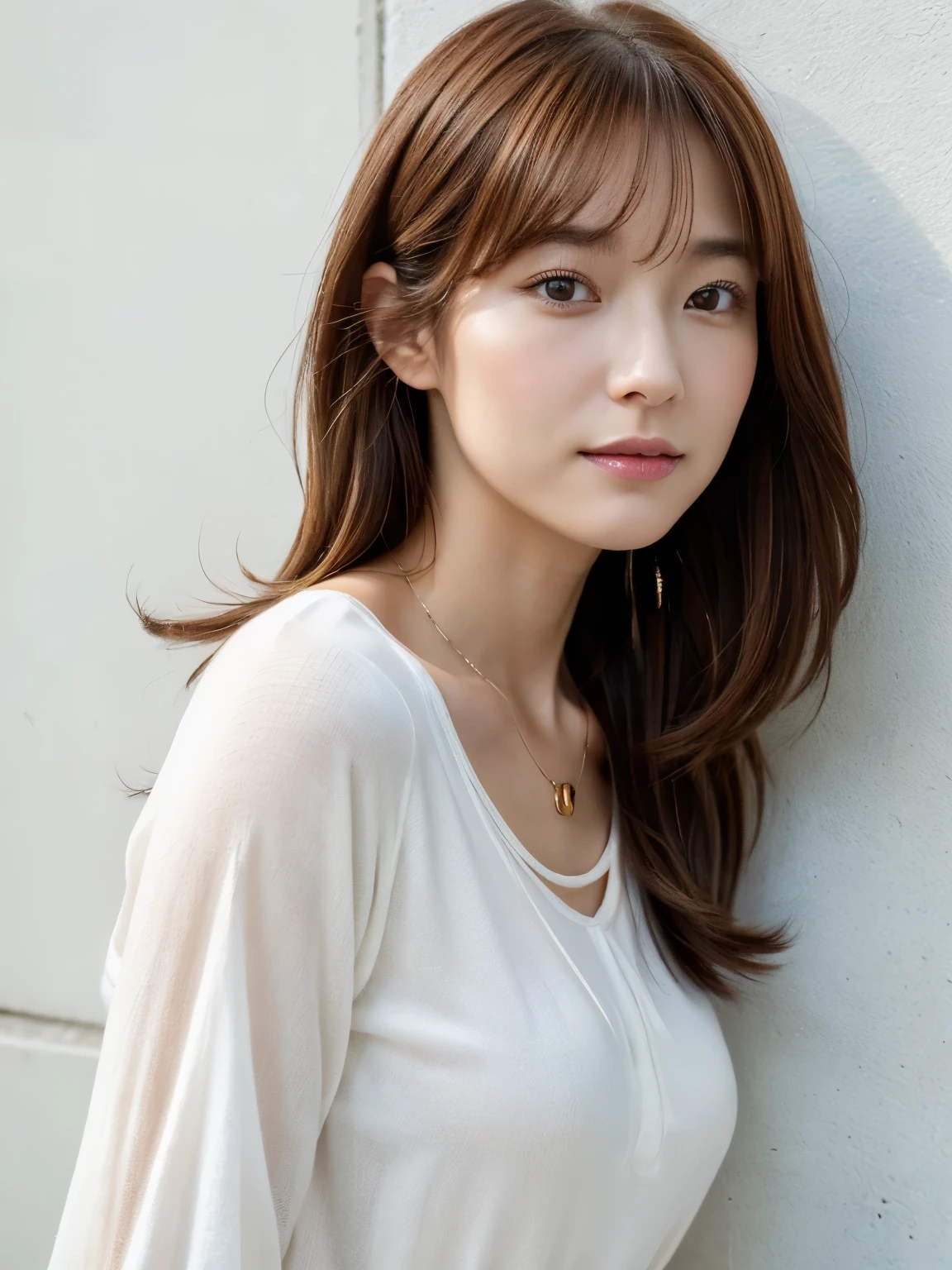 (Highly realistic photos, High resolution, detailed face, fine eyes), ((Taken in front of a white wall))、japanese woman, 40 years old, various expressions, alone:1, slim figure, different hairstyles, casual clothes, Only one person appears in the photo、long sleeve dress、Photographed in natural light、simple necklace、spring clothes、don&#39;t look at the camera、profile、Red-brown hair color、Red-brown hair color、bob hair