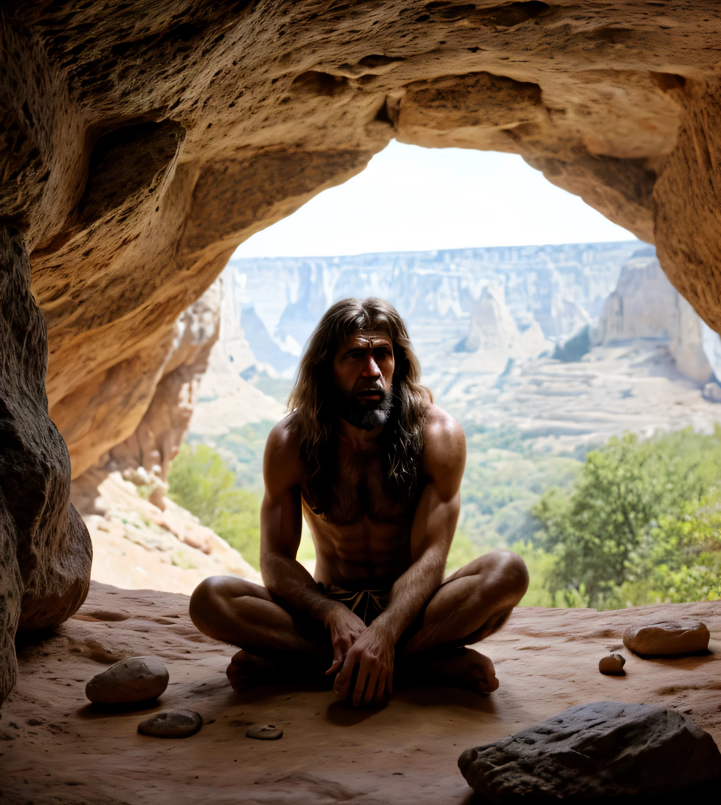 a man sitting on the floor, Pessoas neandertais, Pessoas neandertais, desenhos de arte rupestre, one caveman is cowering in fear, Paleolithic cave painting, prehistoric caveman family, Paleolithic painting, paleo arte, vestindo roupas de homem das cavernas