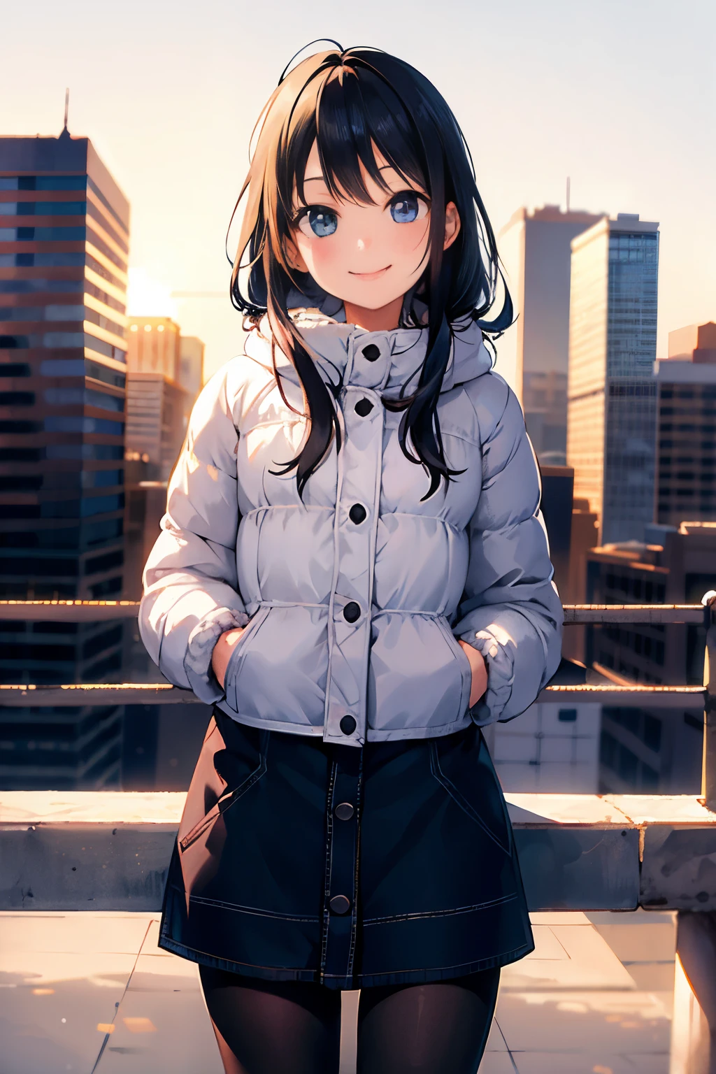 (morning), 1 girl, alone, looking at the viewer, winter, cowboy shot, (downtown), cowboy shot, smile, black hair