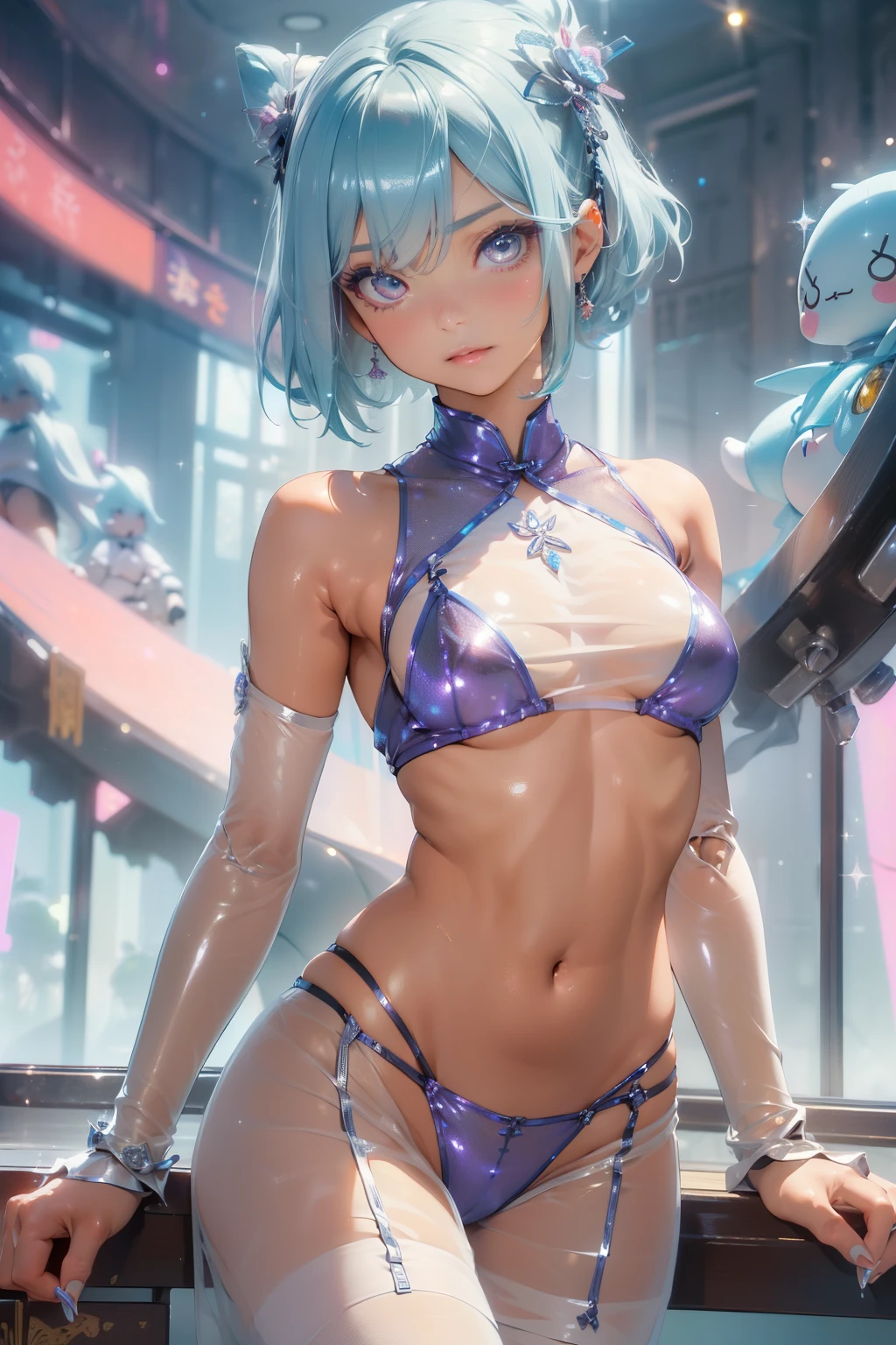 (quality)), ((masterpiece)), Recommended results、puffy nipples、(see through:1.5)、straighten your back、abdominal muscles、huge bust、angle to floor:1.2、low camera angle、Hair loss on crotch,Hatsune Miku,(girl),charming姿态),(big breasts:1.4),Breast sagging,,Colored inner hair,short hair,))),(((toy doll))), Manipulator:1.5)),((silver armor dress,),((金色toy doll:1.5,Body:1.5,metal skin,Mechanical joint: 1.4,mechanical limbs)),(((pale nipples,(fat)),(((shiny skin:1.5,bright skin: 1.5,shiny skin,very shiny skin,plastic glitter skin)),(lower abdomen,Yao Liu,wide hips,detailed Body,(Detailed face)),charming,debauchery,Tempting,Delicate metal decoration,sleeveless,cheongsam,金色short hair,cute round face