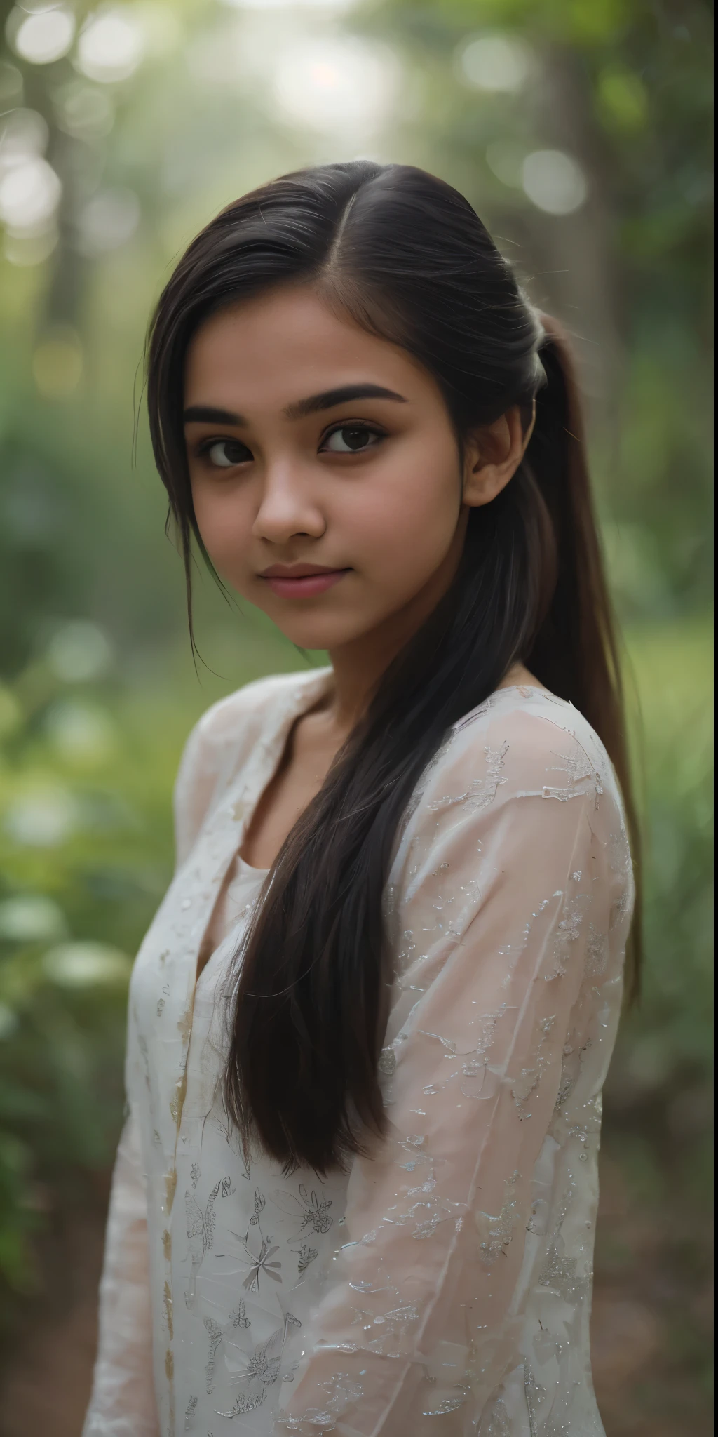 (a picture of indian ************ girl)), Wearing a Long black Sleeve suit, ((Nailon with Sheer Design)) ((************ Girl), ((Nailon with sheer )),      
           ((highest quality, 8K, masterpiece: 1.3)), concentrated: 1.2, perfect beauty: 1.4, butt: 1.2,Highly detailed face and skin texture, narrow eyes, double eyelid,, long hair, (shut up: 1.3), smile, Unreal beauty, , ((Hair Comes in Front)),  ((Ponytail Hairstyle)),  indian girl, , 35mm,  ((Bokeh Background)), ((Blur increased:1.3)),  , ((************ girl)), ((Cinematic Potrait:1.2)), ((Increase Cinematic Potrait Blur)), in a Forest, ((Anatomically Correct)), , ((Black Hair)),,  ((Full-body Shot:1.4))