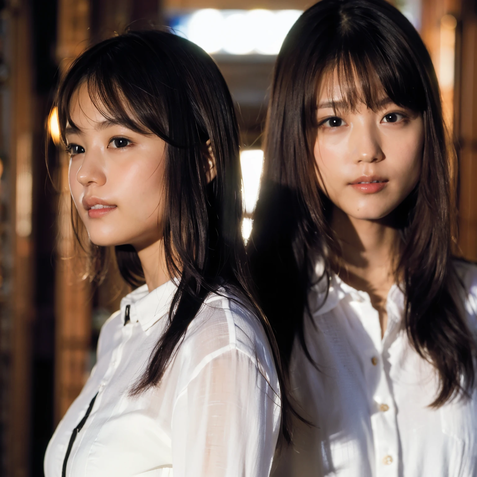 (8K, RAW photo, highest quality, masterpiece:1.2), (realistic, photo-realistic:1.37), identical twin sisters、super detailed, ultra high resolution,1 girl,looking at the viewer,beautiful detailed face,smile,narrow,(slim waist:1.3),shirt, Fine and beautiful skin, skin texture, floating hair,professional lighting,