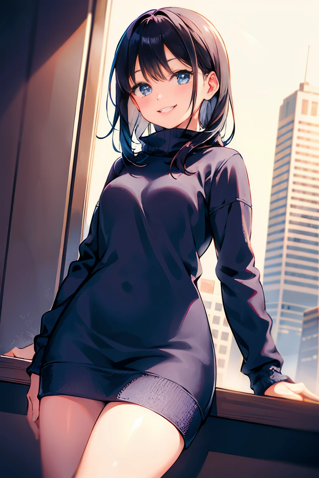 (morning), 1 girl, alone, looking at the viewer, winter, cowboy shot, (downtown), cowboy shot, smile, black hair