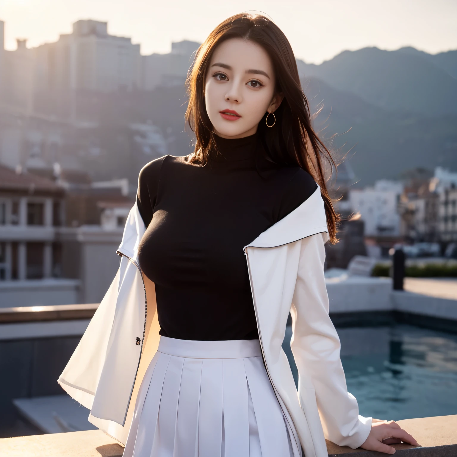 ((top quality、8k、​Masterpiece:1.3))、Extremely delicate and beautiful girl，full-body shot，huge breasts，bigger breasts，amazing breast size，H cup，JK suit，pleated skirt，short skirt，sunset，sunset。Wear big earrings，Very white skin，moist red lips，Waist is very thin，Thighs are very thin，Big hips，Reveal a little，White and smooth skin，Smooth and fair skin，flawless skin，Fair and shiny skin，cold white skin，The camera focuses on the chest，bright light