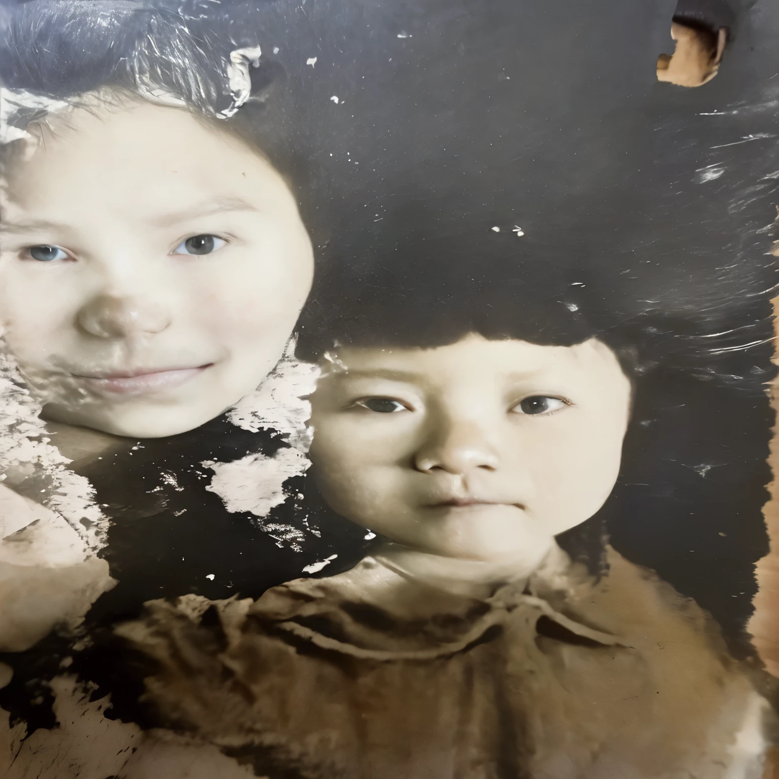 an old photo of two children with a black and white photo, damaged photo, very old photo, old photo, old photograph, an old balck and white photo, black and white old photograph, grainy damaged photo, lost photo, unknown artist, black and white old photo, old picture, old black and white photo, aged photo, realistic old photo