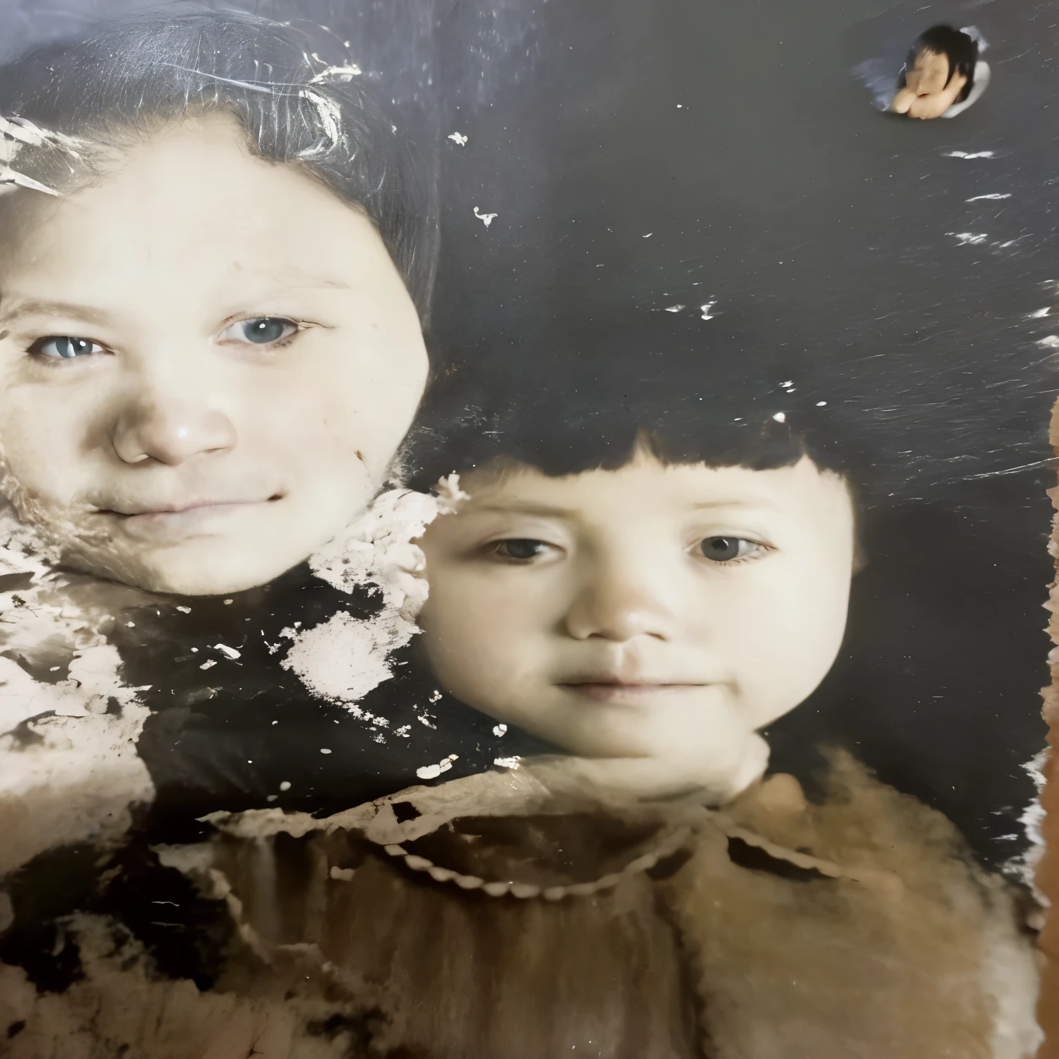 an old photo of two children with a black and white photo, damaged photo, very old photo, old photo, old photograph, an old balck and white photo, black and white old photograph, grainy damaged photo, lost photo, unknown artist, black and white old photo, old picture, old black and white photo, aged photo, realistic old photo