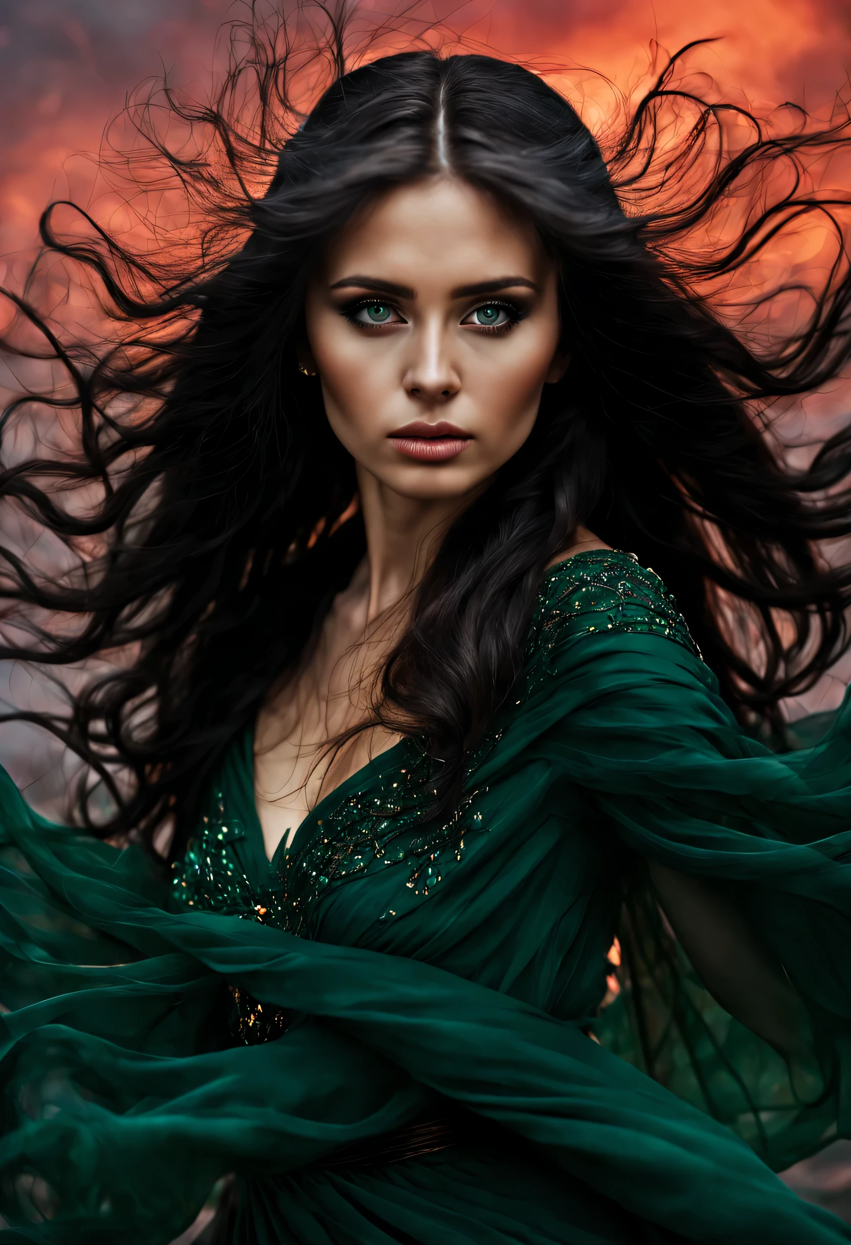 Portrait of a 25 year old Russian woman., Very beautiful face, sad face, Very long shiny black wavy hair.. flowing in the wind, Wear a headdress made of emeralds., Big eyes, green eyes, Sparkling white skin, very big breasts, He wore a long black Roman robe., Clothes blowing in the wind, Rim lights, studio lights , There's flare and bokeh., Standing among the ruins of ancient buildings, The background was a sky with swirling fiery red clouds., mysterious, low beam, 8ก, raw style, --a1000, Black Magic Canon Camera , 85mm. F 1.2 liters