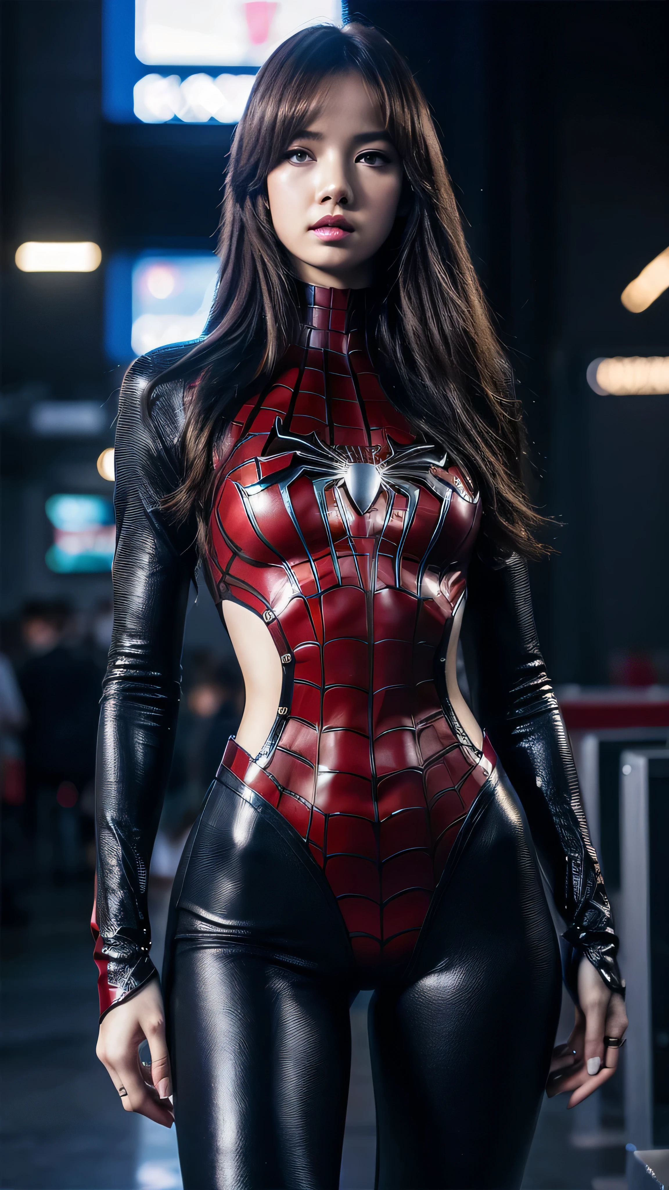 ((masterpiece, 8K, 3D, Realistic, Super Detail)), (1girl:1.3), slender , Ultra Micro photography, Super realistic, Perfect face, Beautiful features, ((Perfect female body)) Beautiful features, ( body), ((small hips)), Lisa Blackpink as spiderman ((Exposed thigh)), Exposed Skin, Front Full body Shot, full body portrait, futuristic city background
