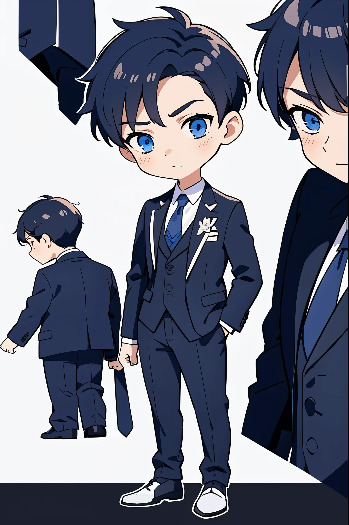 concept art, original character design, Q version character, alone, 1 boy, male focus, blue eyes, shirt, tie, white background, pants, Little, blue tie, Jacket, black pants, simple background, black Jacket, white shirt, Virtual YouTuber, black hair, whole body, collared shirt, closed mouth, blush, looking at the viewer, formal, long sleeve, suit, bangs, Are standing, striped, vest, striped tie, shoes,