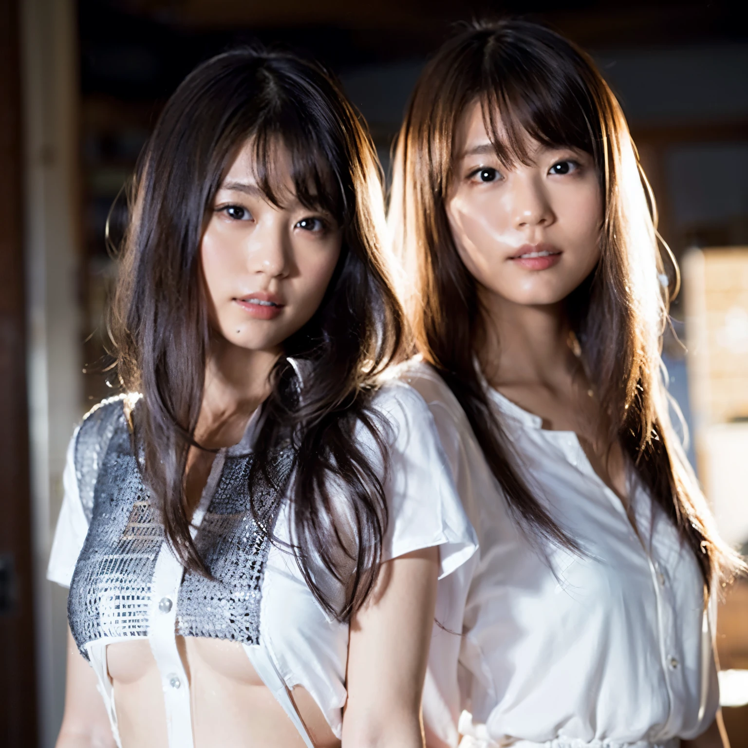 (8K, RAW photo, highest quality, masterpiece:1.2), (realistic, photo-realistic:1.37), identical twin sisters、super detailed, ultra high resolution,1 girl,looking at the viewer,beautiful detailed face,smile,narrow,(slim waist:1.3),shirt, Fine and beautiful skin, skin texture, floating hair,professional lighting,