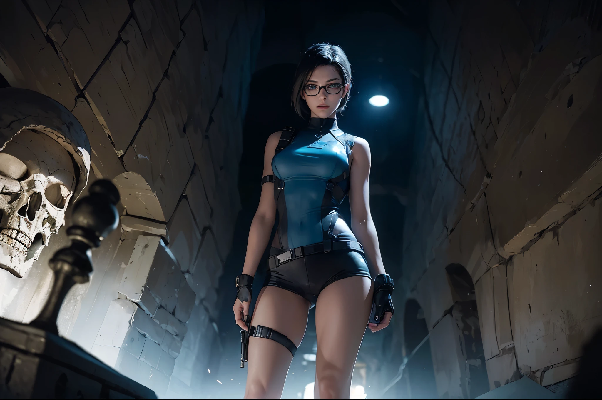 (((landscape of the catacombs))), a beautiful female adventurer stood in the distance, ((wearing a jill valentine outfit)), ((wear glasses))