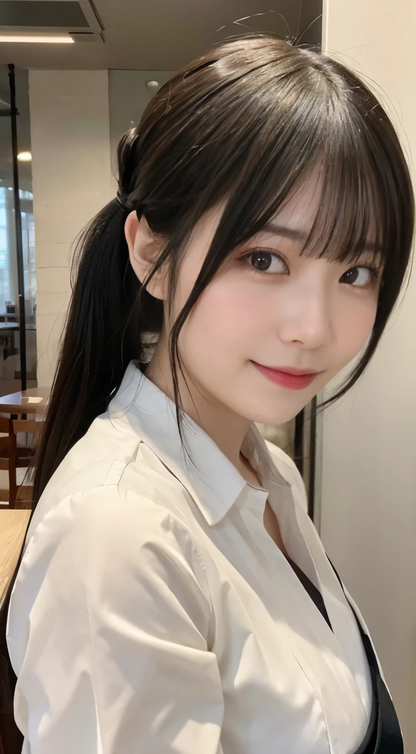 (highest quality,masterpiece:1.3,ultra high resolution,),(Super detailed,caustics),(Photoreal:1.4,RAW shooting,)ultra-realistic capture,very detailed,High resolution 16K human skin close-up。 natural skin texture、,The pores are、、、Must be detailed enough to be easily identified。 Skin should look even-toned and healthy。 Use natural light and color,restaurant,waitress uniform,1 girl,Japanese,18-year-old,cute,black haired,ponytail,big breasts,smile,turn your body forward,(Front view:1.1),look at the camera,cowboy shot,