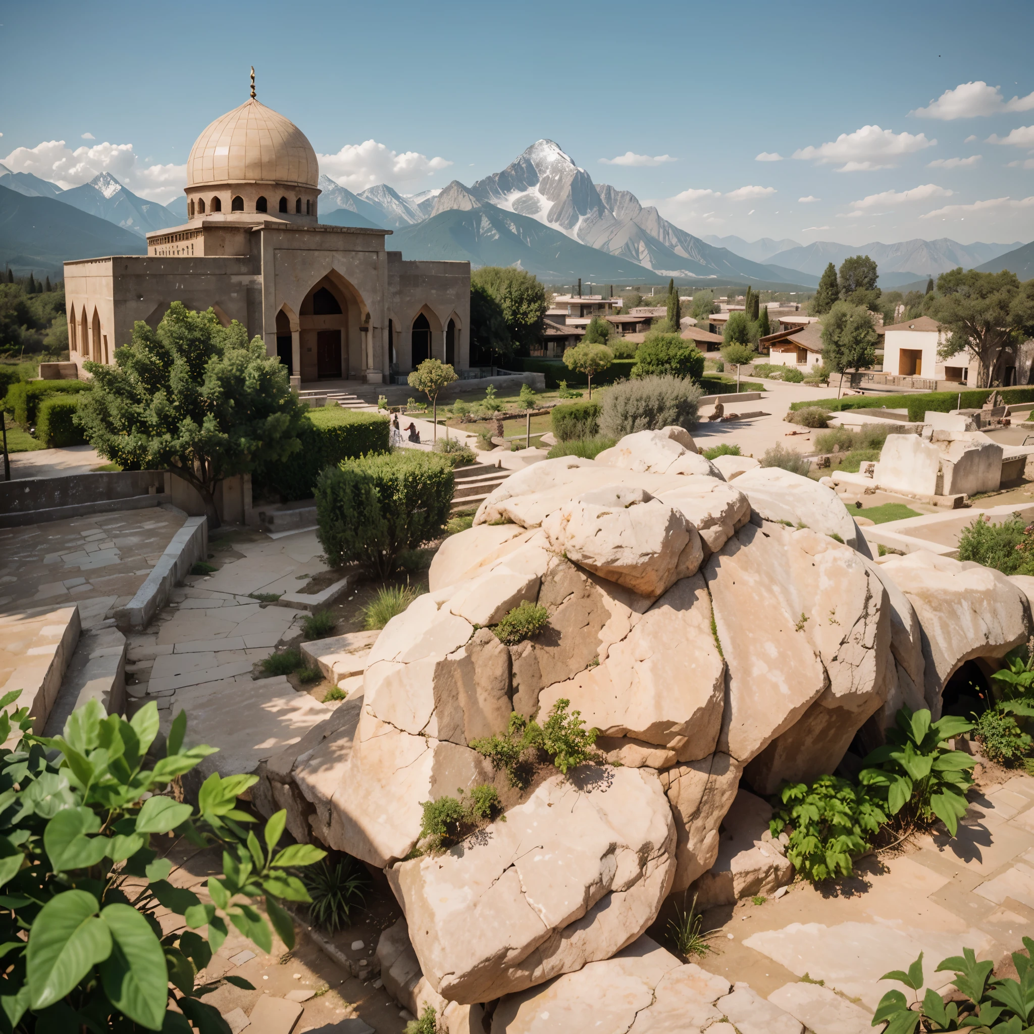 old mosque, mountains, surrounded by plants