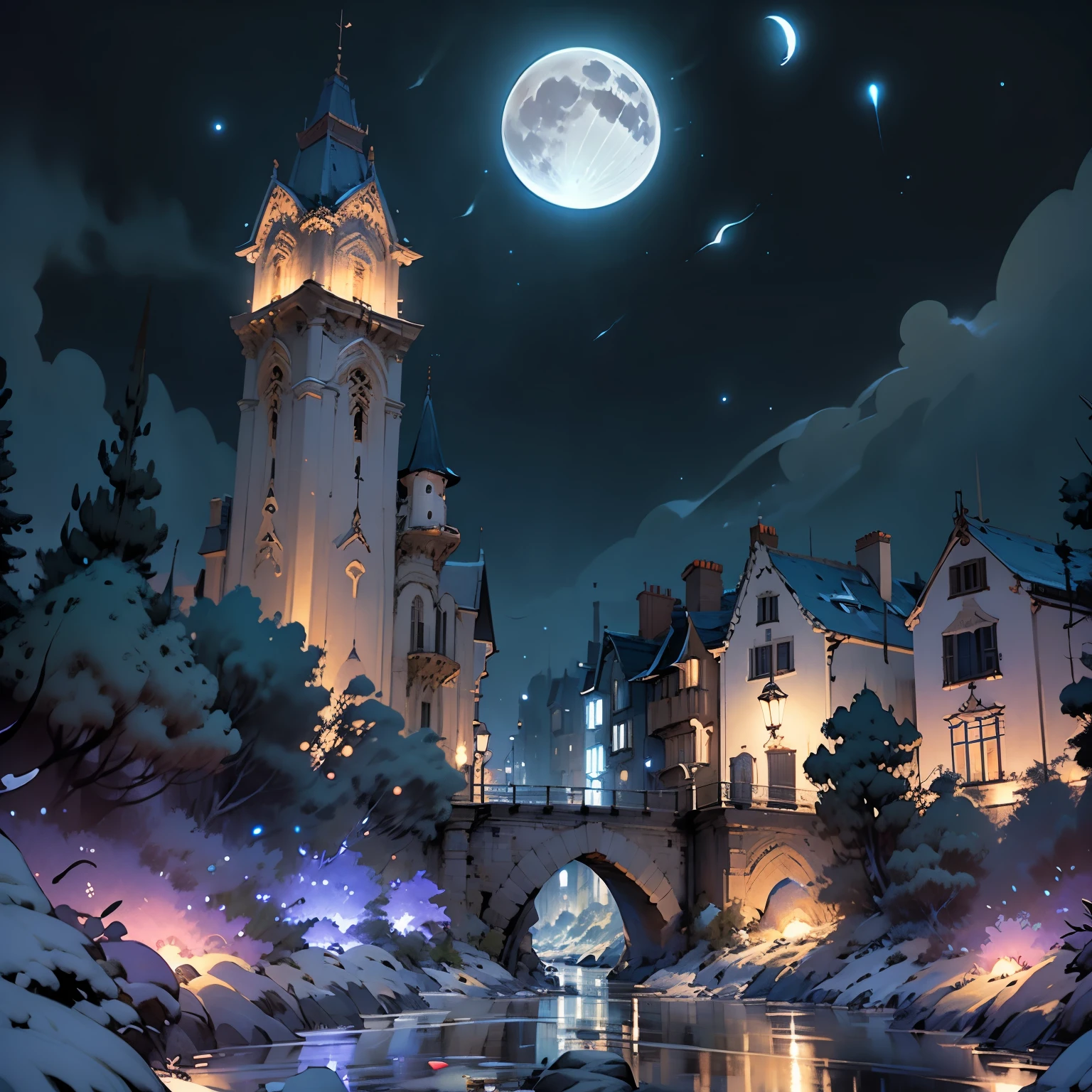 Night view, city, moon, blue, landscape