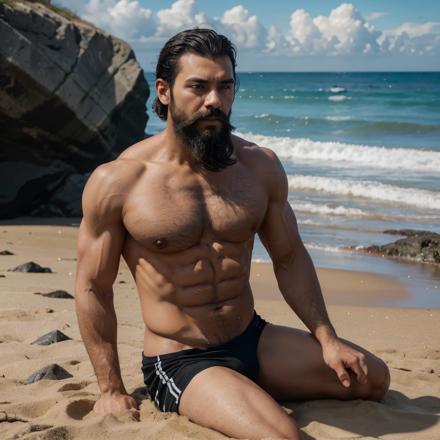 1boy, male_focus, muscular, abs, solo, crab, facial_hair, beard, black_hair, topless_male, muscular_male, pectorals, manly, rock, beach, ocean, outdoors, realistic, sky, bara, cloud, sand, mustache, nipples