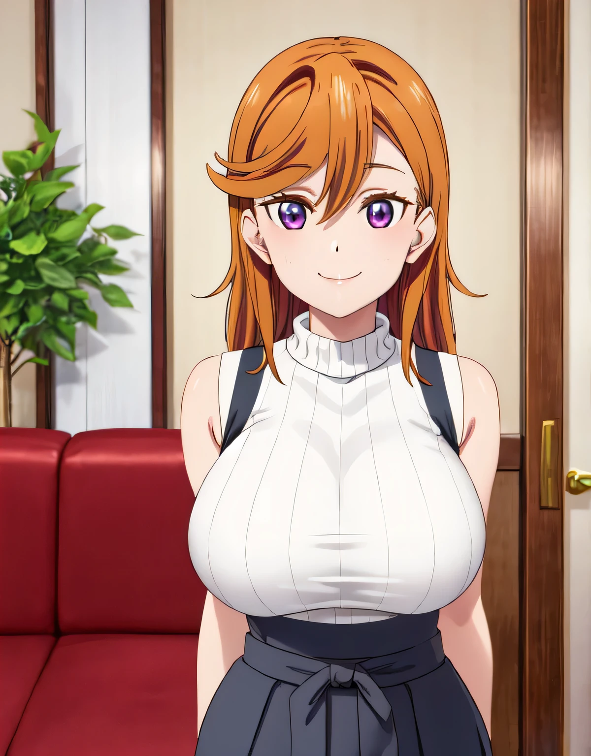 (big breasts:1.5),shiny,hair,((alone)),((masterpiece)),((highest quality)),perfect anatomy,slim waist,perfect image,8k UHD,(beautiful and fine eyes:1.3),highly detailed face,Are standing,(Upper body:1.1),(look ahead:1.1),super detailed,disorganized,High resolution,turn your arms behind your back,Shibuya Kanon,smile,purple eyes,orange hair,sleeveless sweater,Tight Skirt,indoor,closed mouth,