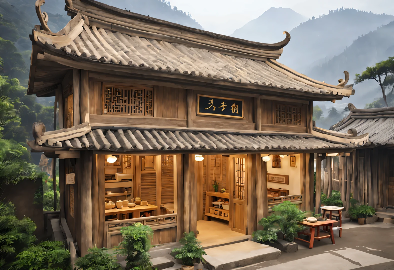 （A small courtyard with a canteen in rural China：0.8），The cafeteria is an old wooden house，There are three words written on the door of the house &Quote;commissary&Quote; It says.，There is an old-fashioned Chinese chair outside the house，（An old Chinese woman Wang Yumei sits on a chair），smiling，There are wooden shelves in the house，It’s stuffed with all kinds of snacks，The main materials of the wooden house are Yunnan pine and bamboo，Beautiful pine wood texture，Lightweight texture，Make the cabin more than just practical，And it has high ornamental value，Timber frame construction，The roof adopts a pitched roof design，Adapt to Yunnan’s rainy climate，The background is the mountains of Yunnan，shrouded in mist，aerial photography，illustration，fresh，peaceful，Chinese New Year festive atmosphere